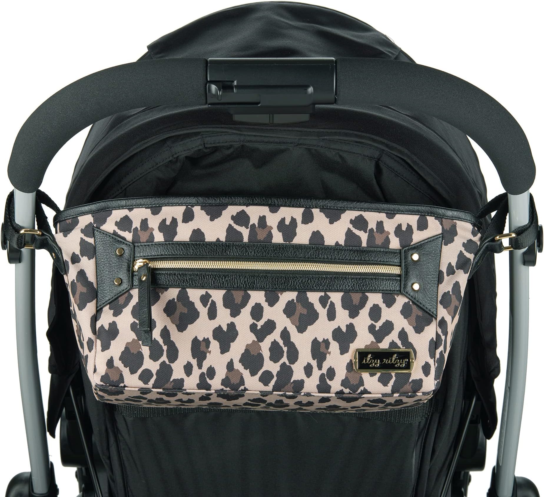 Itzy Ritzy Adjustable Stroller Caddy – Stroller Organizer Featuring Two Built-in Pockets, Front Zippered Pocket and Adjustable Straps to Fit Nearly Any Stroller, Leopard