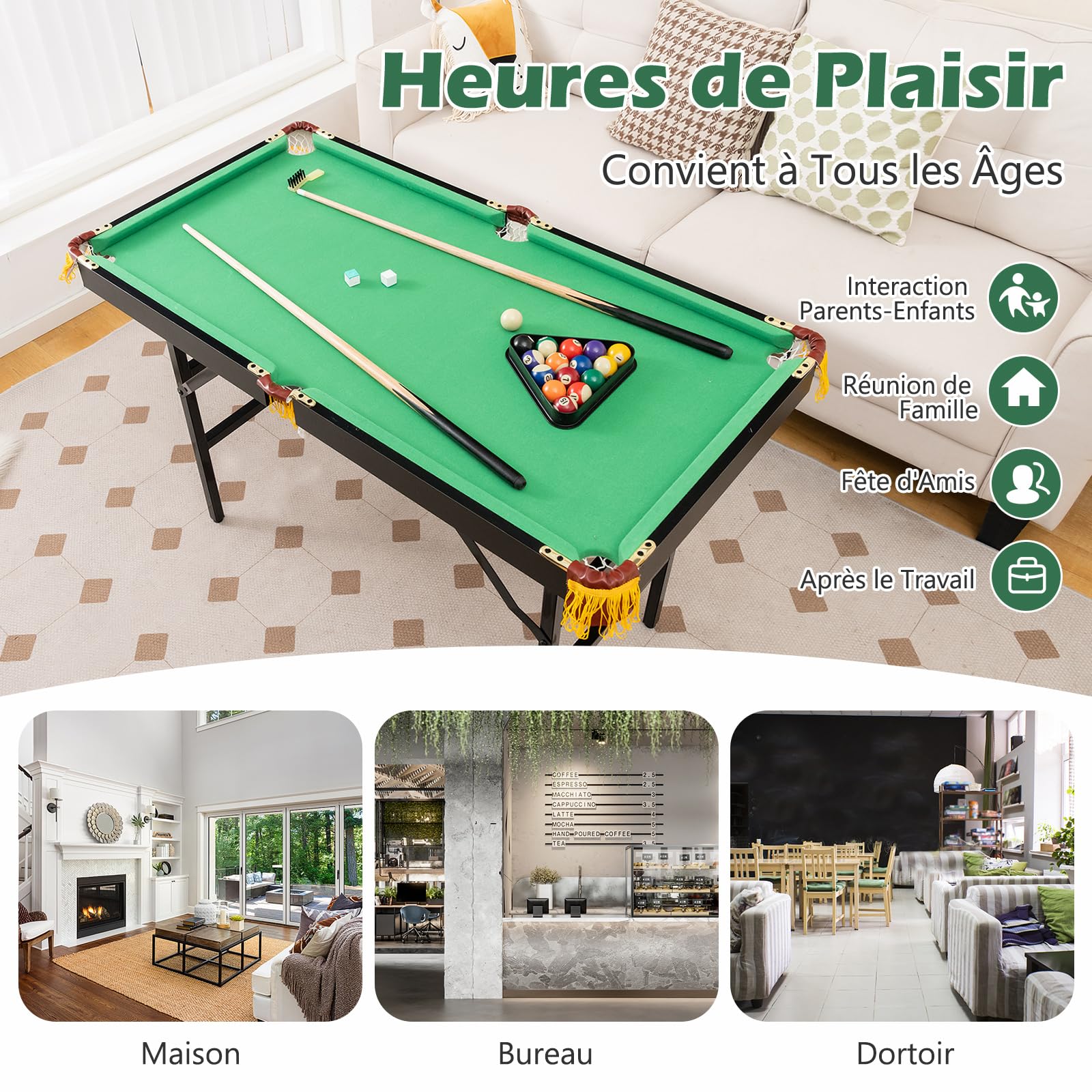 COSTWAY Table de Billard Americain 122cm avec Accessoires(2 Queues, 16 Boules, Triangle, 2 Craies, Brosse), Jeu de Billard Pliable avec Pieds Réglables, pour Enfants Adultes, 122x64x78 cm