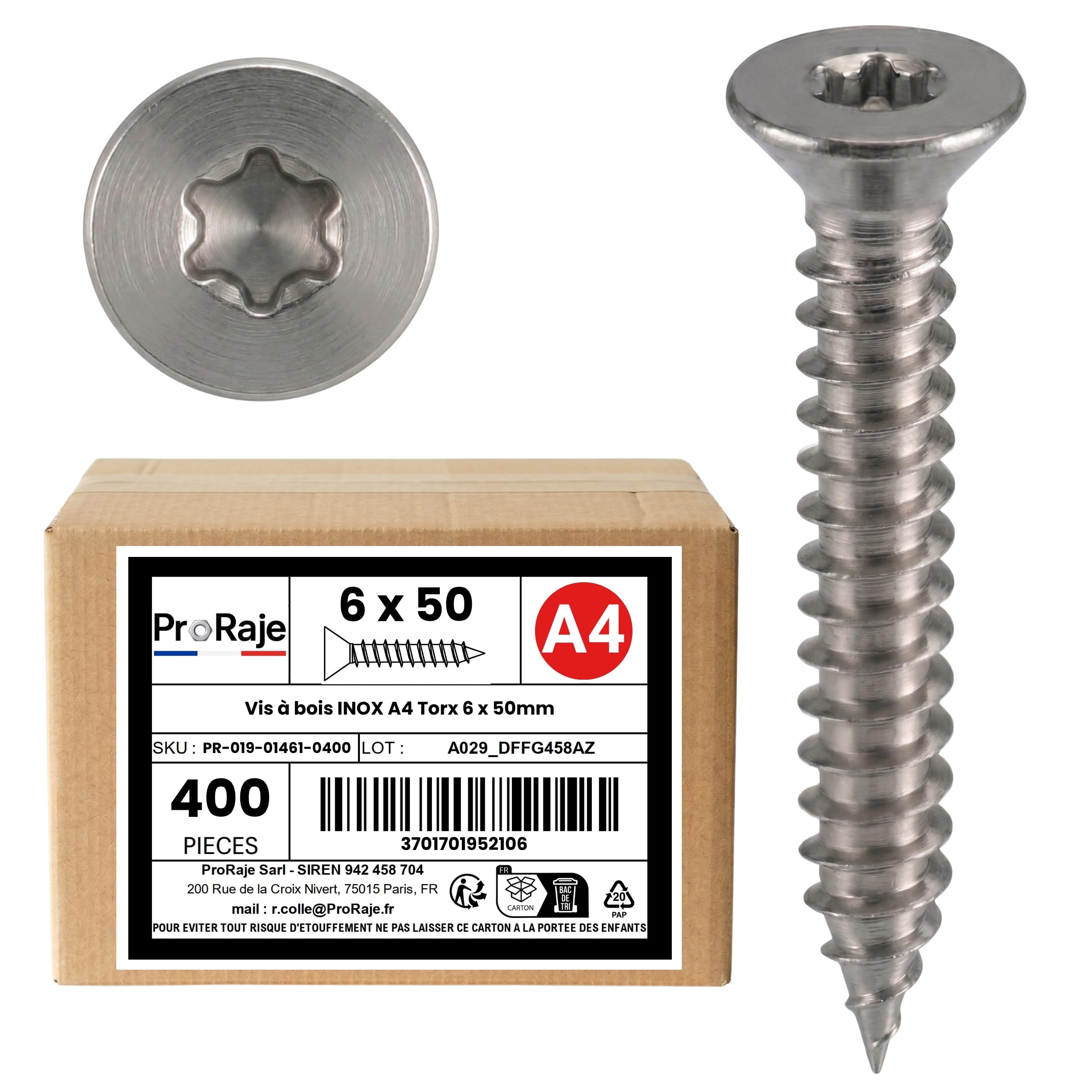 Wood Screws Stainless Steel A4: 6 x 50 mm | Countersunk Head Torx (TX) | Stainless Steel A4 (V4A / AISI 316) | Construction / Chipboard / Patio / etc: Pack of 400 ProRaje โ image 1