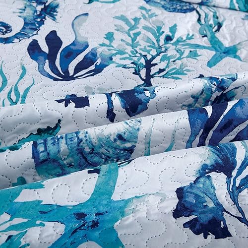 Miniatura 3 de Jarson Juego de colcha costera de verano con conchas y conchas marinas, tamaño King, colchas de playa ligeras de 3 piezas, ropa de cama reversible