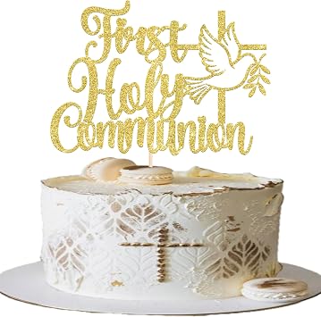 1 Pack First Holy Communion Cake Topper Glitter Peace Pigeon Cross Religious Cake Picks God Bless for Baptism Theme Baby Shower 1st Birthday Party Cupcake Decoration Gold