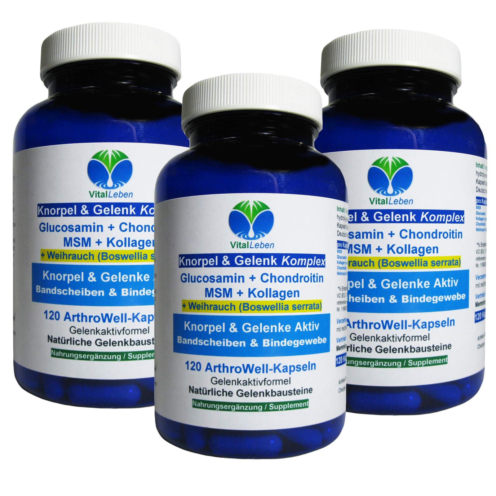 Knorpelaufbau KNORPEL & GELENKE Komplex 360 (3x120) Kapseln - ArthroWell TOP-5 Gelenkbausteine Gelenkkapseln mit Glucosamin, Chondroitin, MSM, Kollagen, Weihrauch. OHNE ZUSATZSTOFFE 26444-3