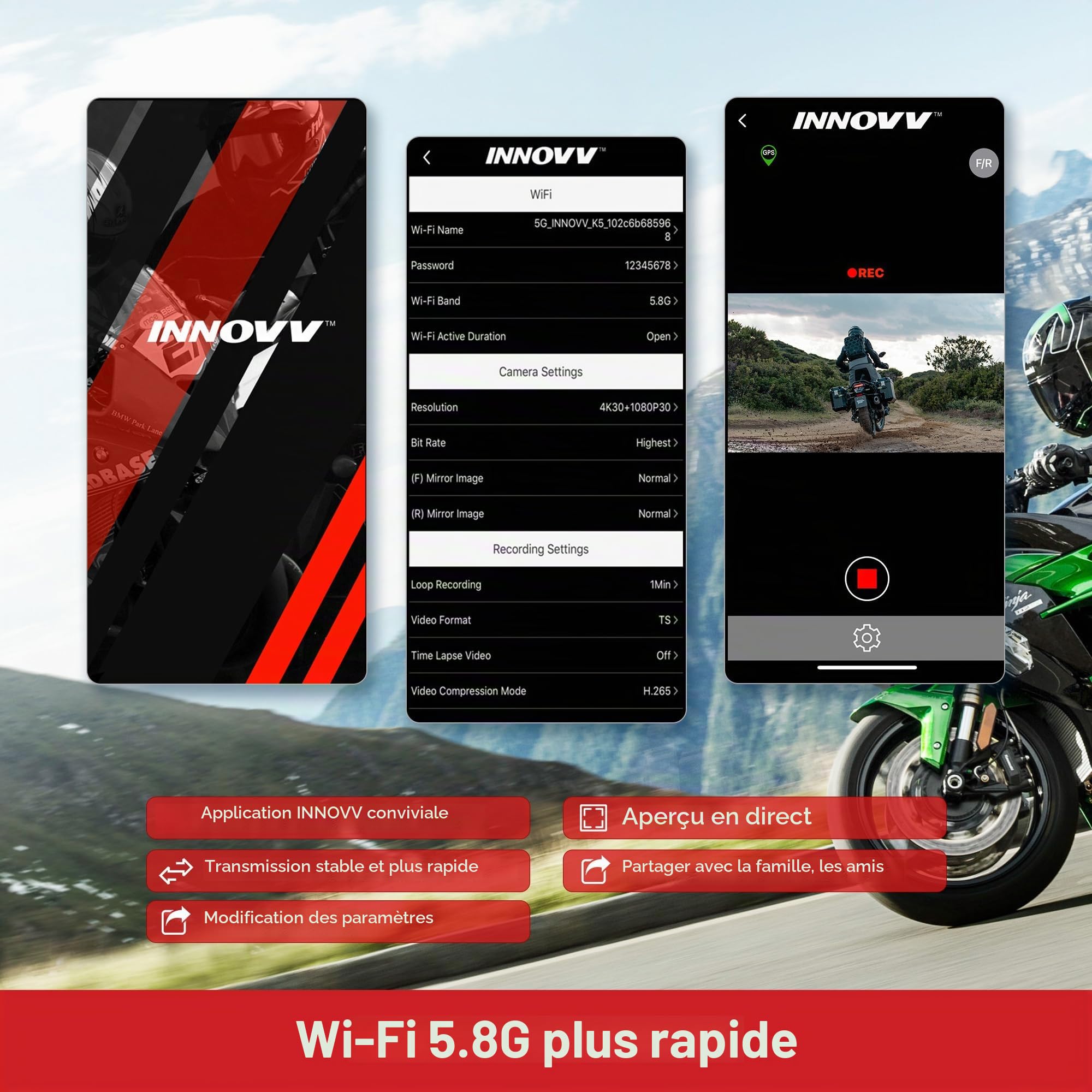 INNOVV K7 Caméra de Dash Moto Avant et Arrière avec EIS 2K+2K@30FPS ou 1080P+1080P@60 FPS, Caméra de Moto, GPS, WiFi, Mode Parking 24h, Détection de Collision, Caméra de Moto Étanche, Supporte jusqu'à