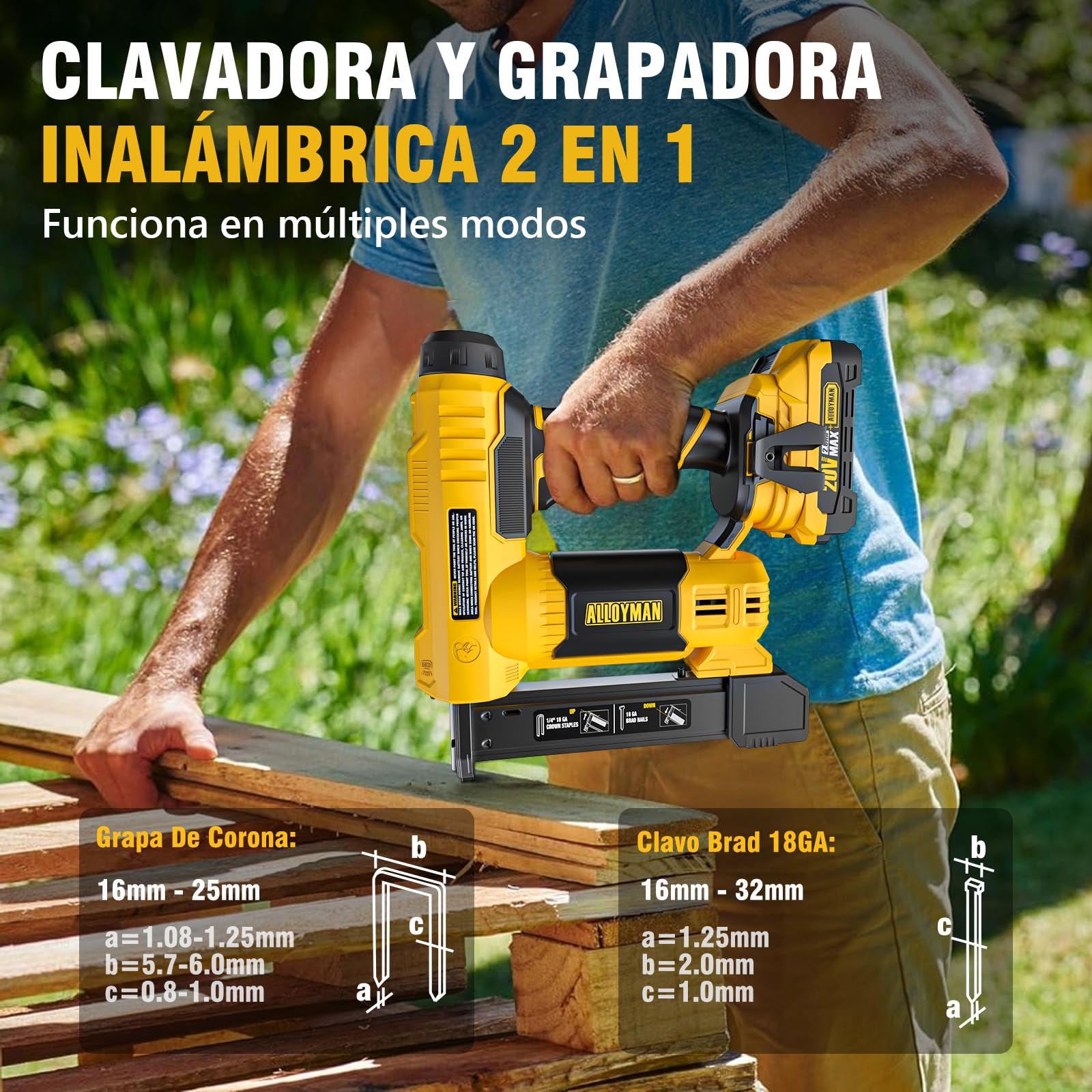 Alloyman 20V MAX Pistola de Clavos y Grapadora Eléctrica Inalámbrica 2 en 1, Clavadora 18GA con Batería 2,0Ah y Cargador, Incluye 1000 Clavos y 500 Grapas, para Bricolaje y Carpintería