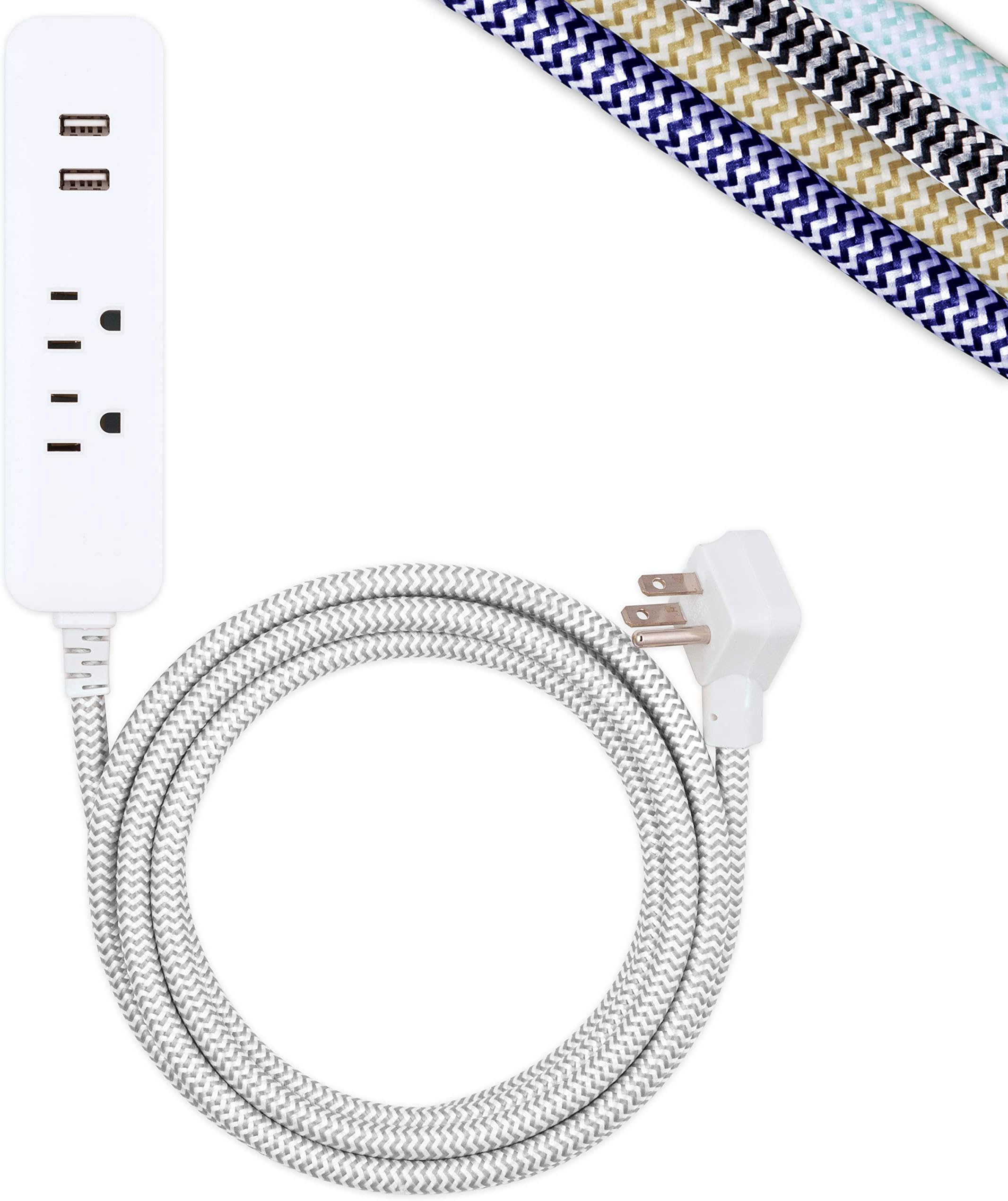 Surge Protector Power Strip, 2 Outlet 10 Ft Braided Cord Power Strip with USB Ports, 3-Prong Flat Plug, White, 41691