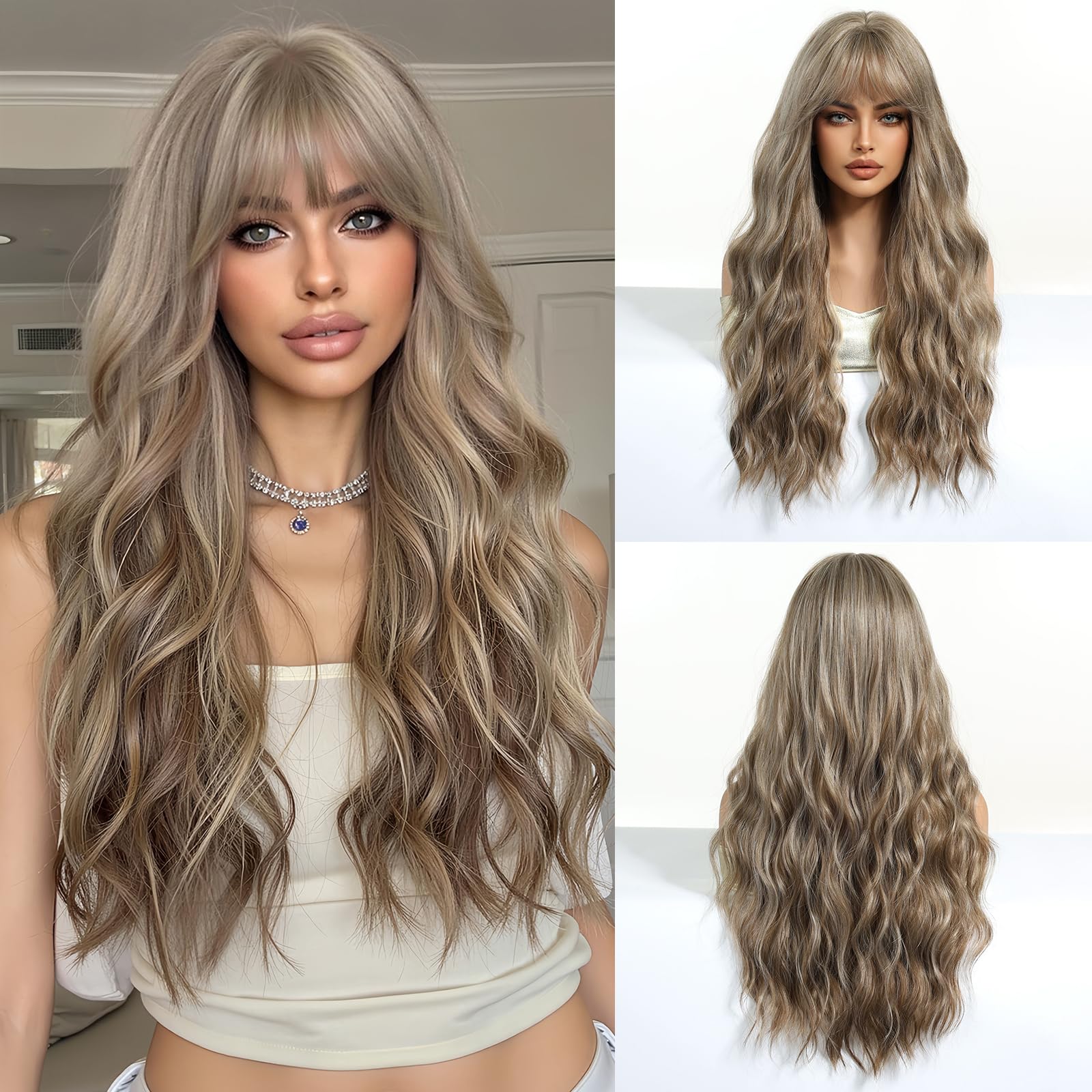 Esmee Long Wavy Ash Blonde Wigs for Women with Fringe Natural Synthetic Hair Wig for Daily & Party Use, 22.5 Pulgadas