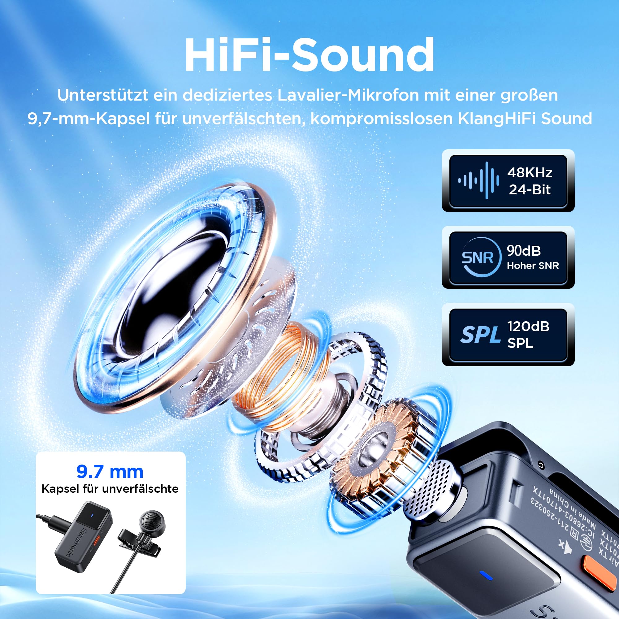 Saramonic Air Wireless Lavalier Mikrofon – Tragbare Ladecase, Ø9,7 mm Mini-Ansteckmikrofon mit 48 kHz/24 Bit, 90 dB SNR für iPhone 15/16 Serie, für Vlog, TikTok