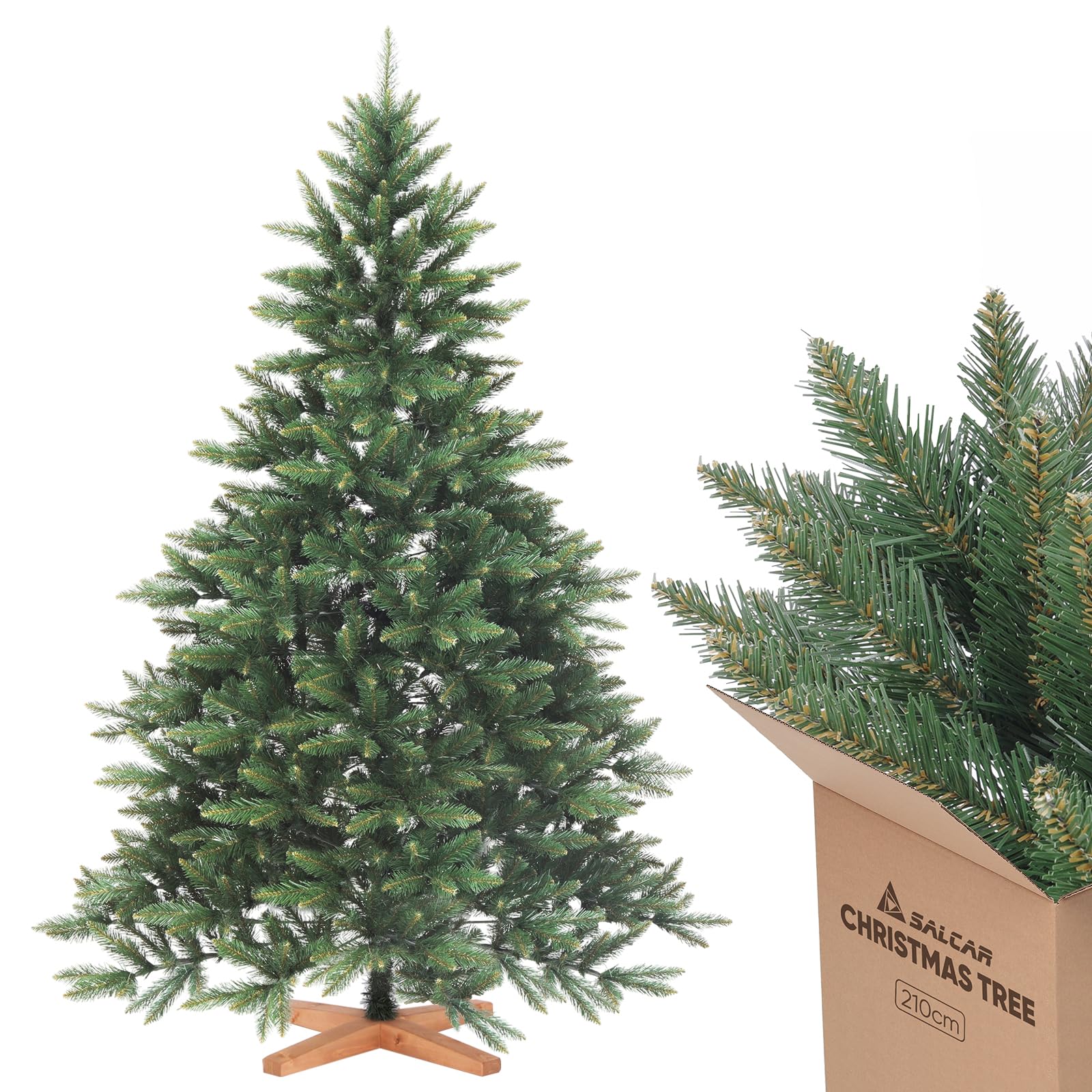 Sapin de Noël Artificiel SALCAR 210 cm, Arbre de Noël avec Branches PVC Vert, Base en Bois, Design Naturel et Réaliste, Idéal pour Décoration de Noël à la Maison et au Bureau
