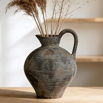 Rustic Ceramic Farmhouse Vase with Handle, 8.9 Inch, Brown