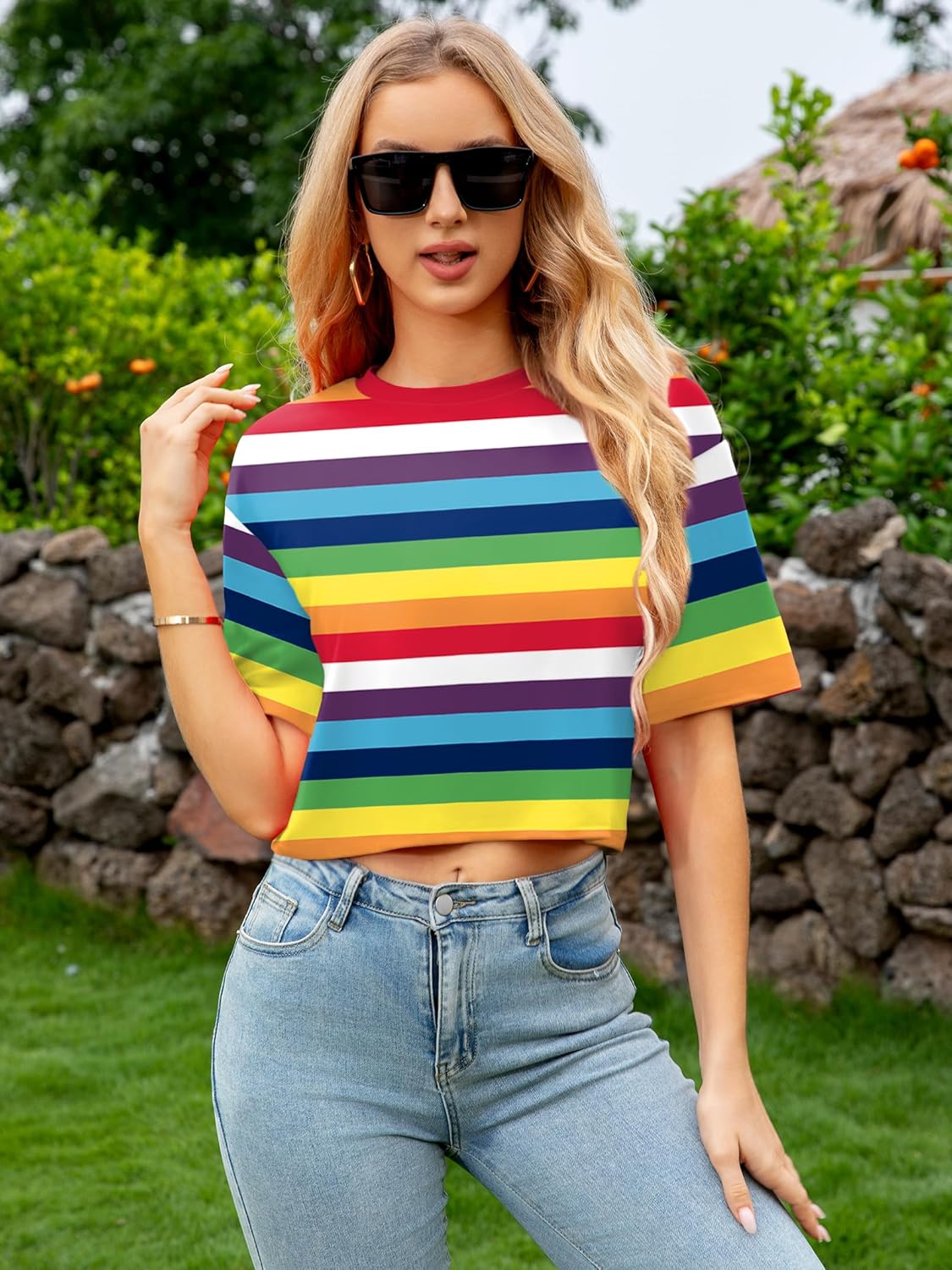 PECHAR Pride Shirts for Women LGBT Rainbow Crop Tops Striped Color Block Y2K Crop Short Sleeve Casual Summer Shirt - Image 4