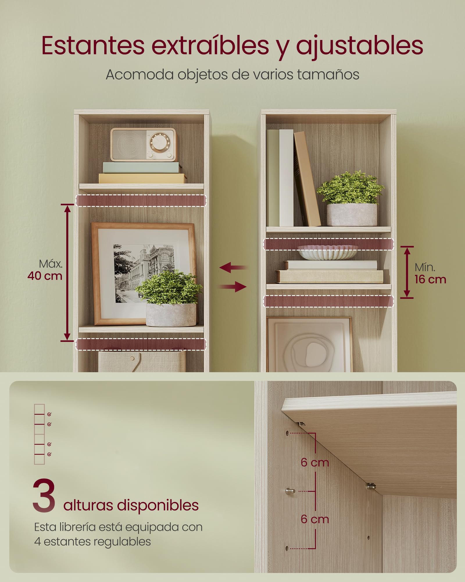 VASAGLE Estantería, Librería de 6 Niveles, Estantería de Almacenamiento Abierto, 24 x 40 x 178,5 cm, para Sala de Estar, Estudio, Comedor, Beige Natural LBC167L01