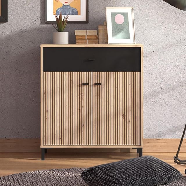 Dmora Credenza Fuhaka 80x40x90h cm Marrone Rovere Nodi un Cassetto un Ripiano, Madia Apertura Battente e Scorrevole