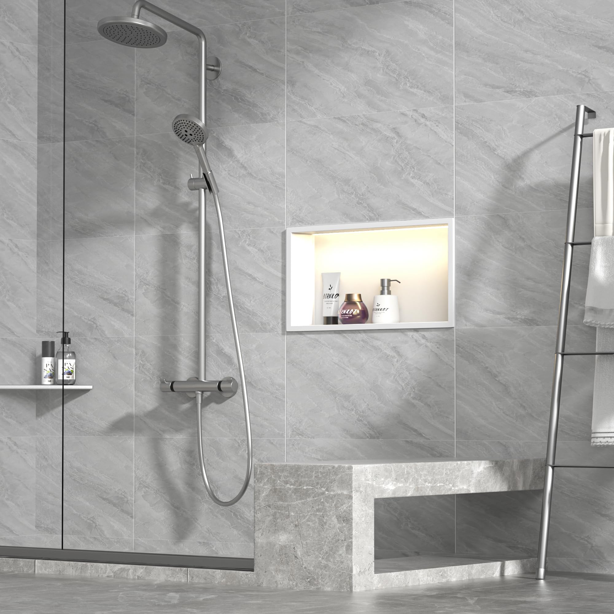 Nische per Doccia in Acciaio Inox 600mm X 300mm Bianca con Luce a LED Impermeabile Nessuna Piastrella Necessaria Nische da Parete per Stoccaggio del Bagno Sopra l'Installazione Montata a