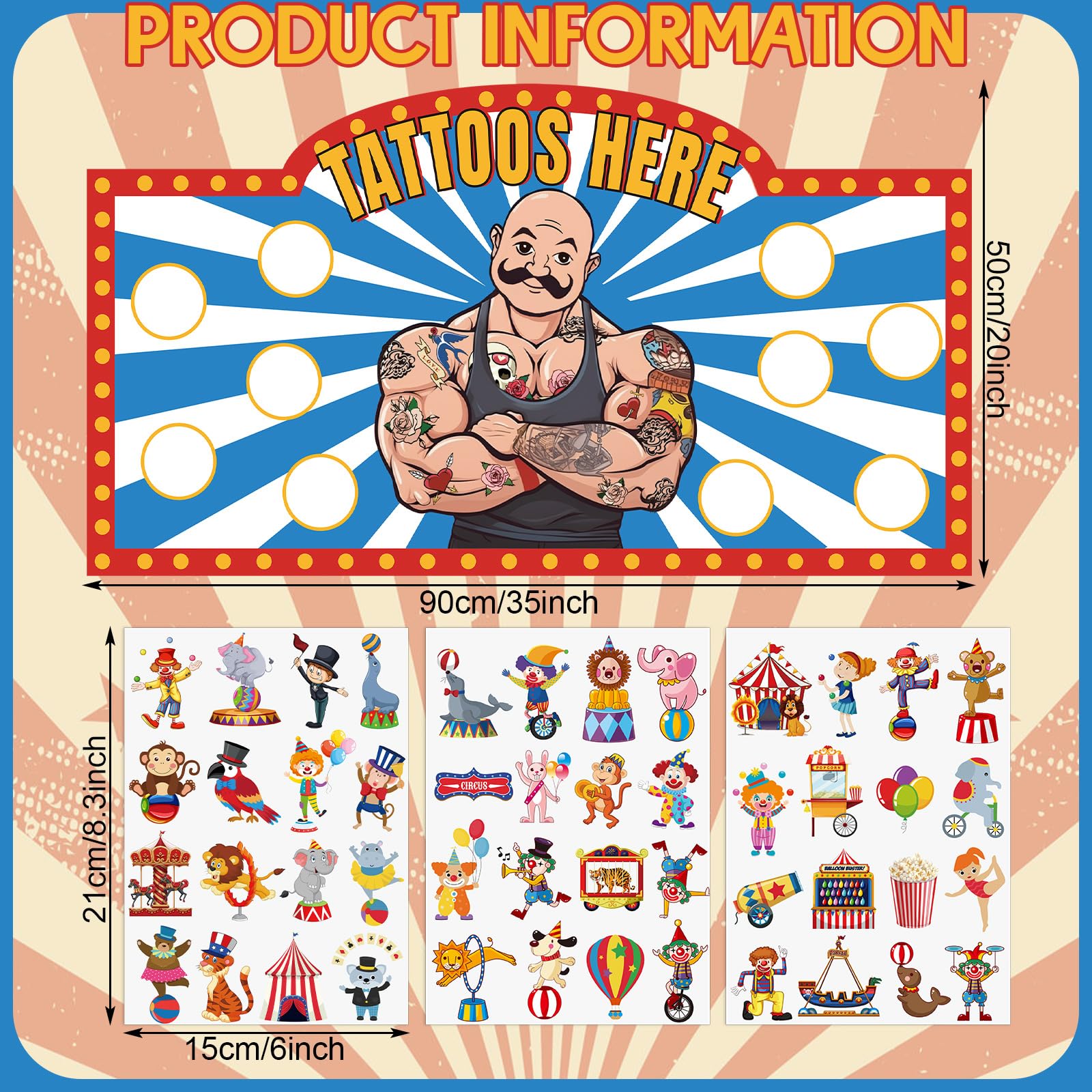Carnival Cardboard Tattoo Booth with 288 Pcs Circus Tattoos Temporary Carnival Party Decorations Circus Games for Kids Boys Girls Adult Party Supplies Favors
