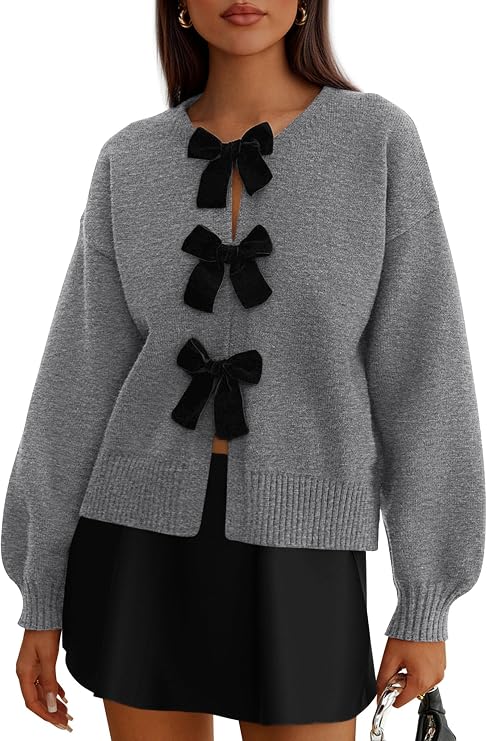 PRETTYGARDEN Women's Fall Bow Tie Front Cardigan Sweaters | Long Sleeve, Drop Shoulder, Cozy Soft Knit, Crew Neck, Cute Sweater Tops, Casual Loose Fit, Holiday Outfits, Winter Clothing