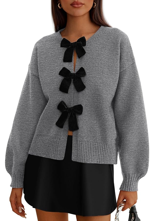 PRETTYGARDEN Cardigan Sweaters for Women Fall Fashion 2026 Bow Tie Front Long Sleeve Knit Sweater Tops Cute Winter