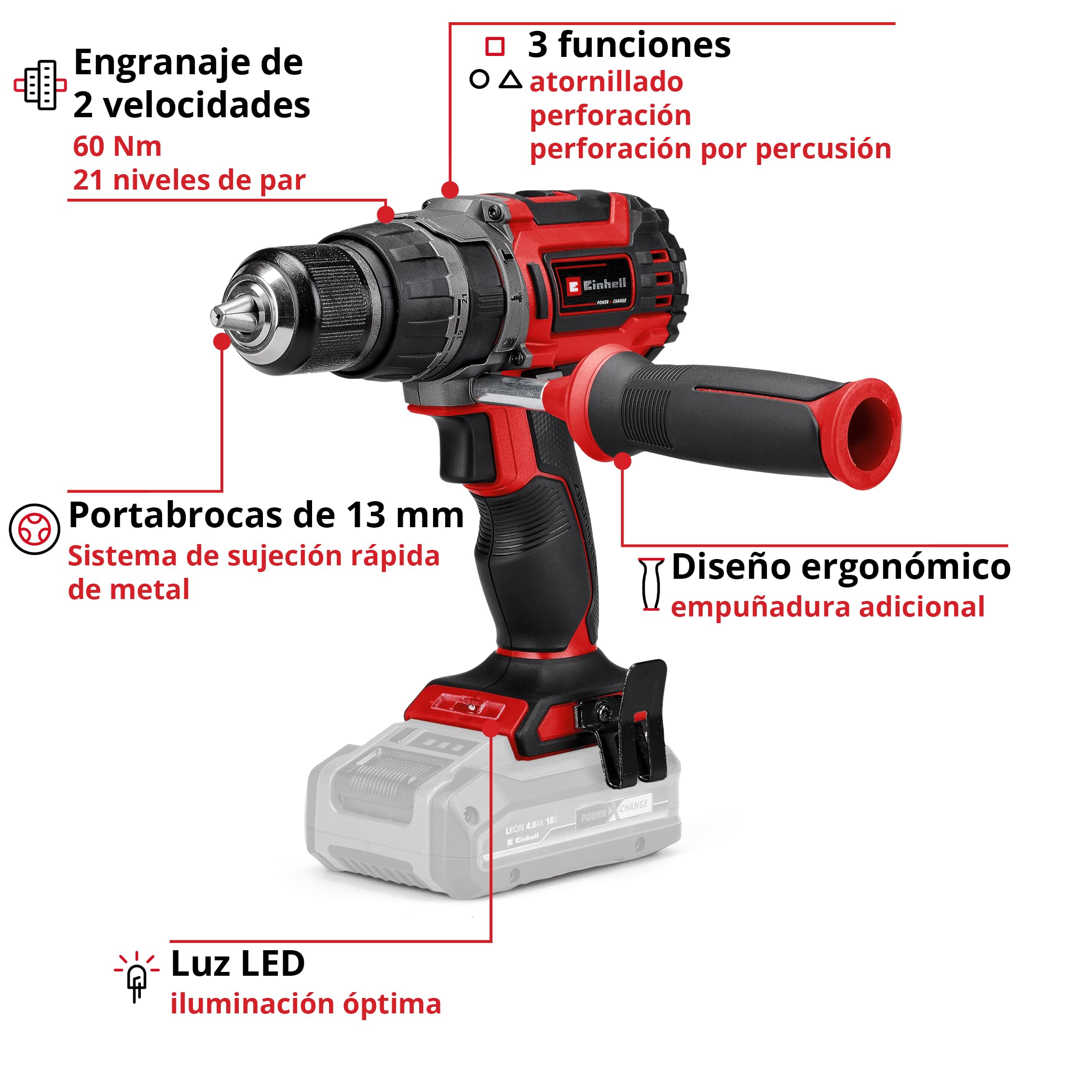 Einhell Profesional Taladro percutor con batería TP-CD 18/60 Li-i BL-Solo Power X-Change (18V, motor sin escobillas, 60 Nm, nº de impactos 32.000 rpm, sin batería)