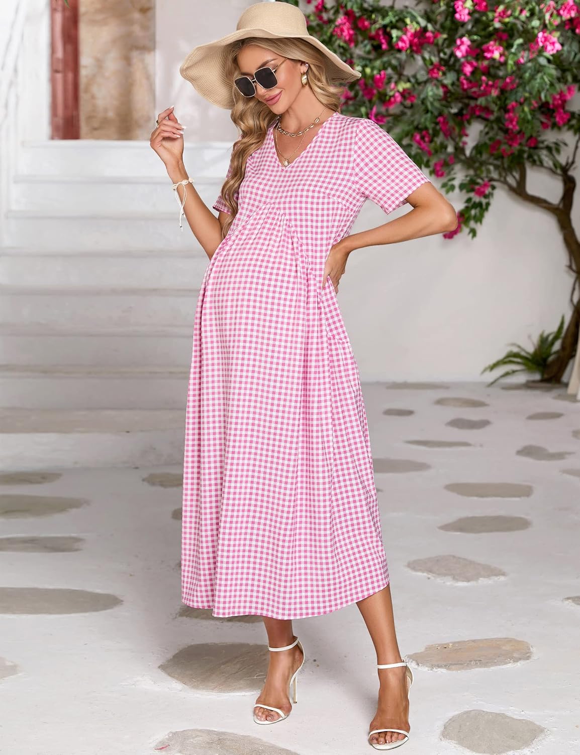 FUNJULY Women's Maternity Casual Long Nightgown Short Sleeve V Neck Floral Plaid Patchwork Loungewear Maxi Dress with Pockets at  Women’s Clothing store