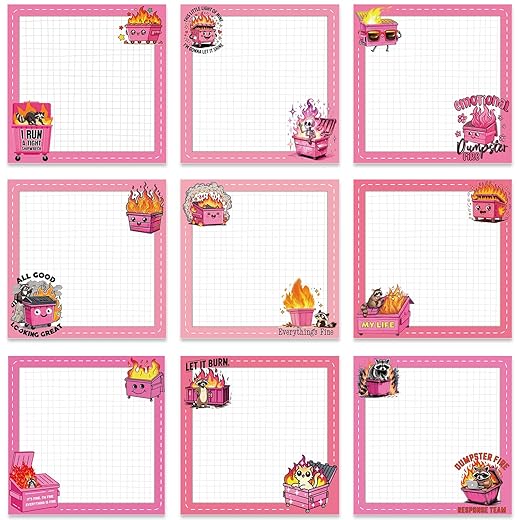 Funny Sticky Notes Gifts - 9 Pack Pink Dumpster on Fire Notepads for Work 3x3 Inch, Everything is Fine Self-Adhesive Memo Pads, Work Gag Office Supplies Gifts for Coworkers (450 Sheets)