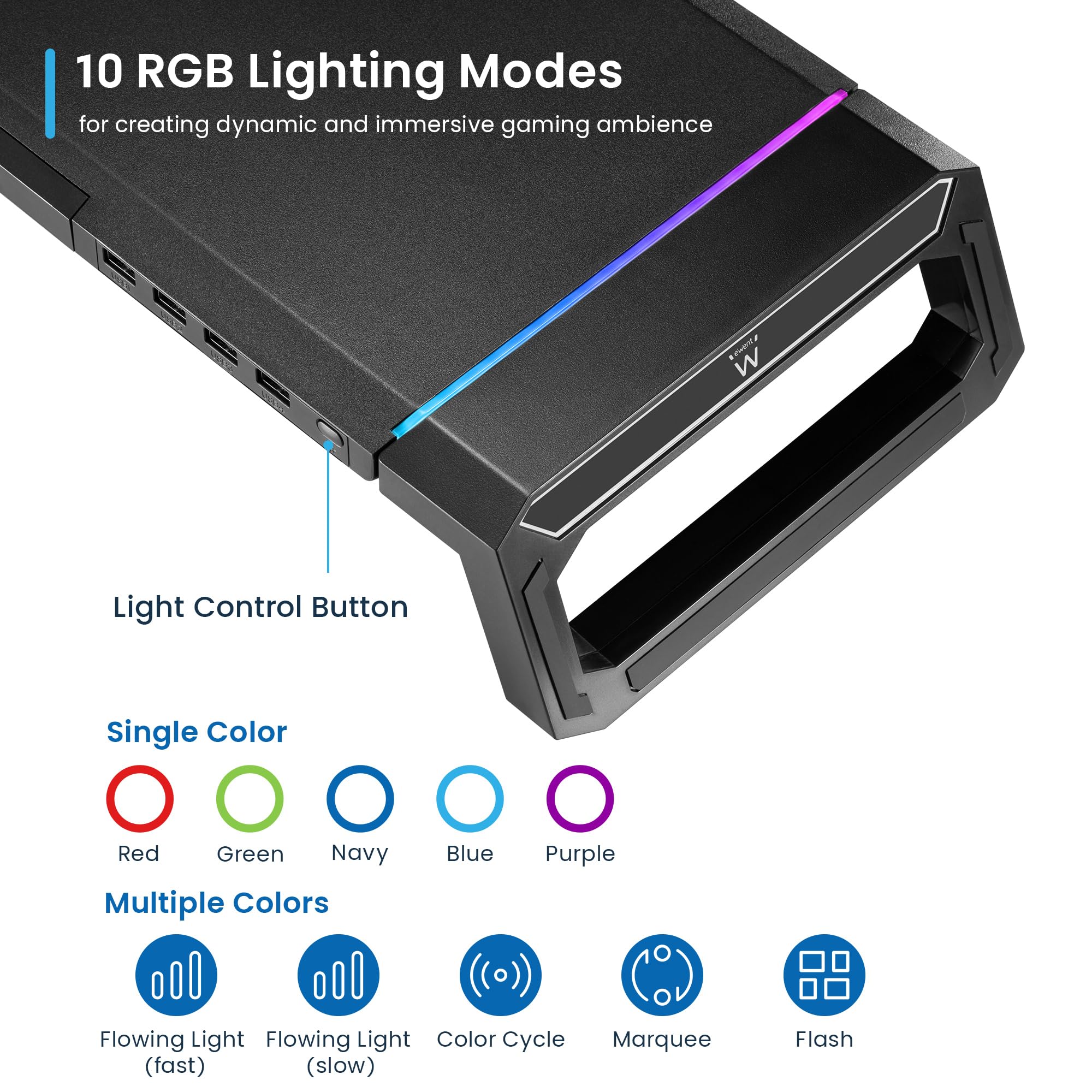 Ewent Supporto Monitor RGB – Pieghevole, Regolabile, con Cassetto, Porta Smartphone e Tablet + 4 Porte USB 3.2 – Rialzo Schermo Ergonomico fino a 27", 20 kg