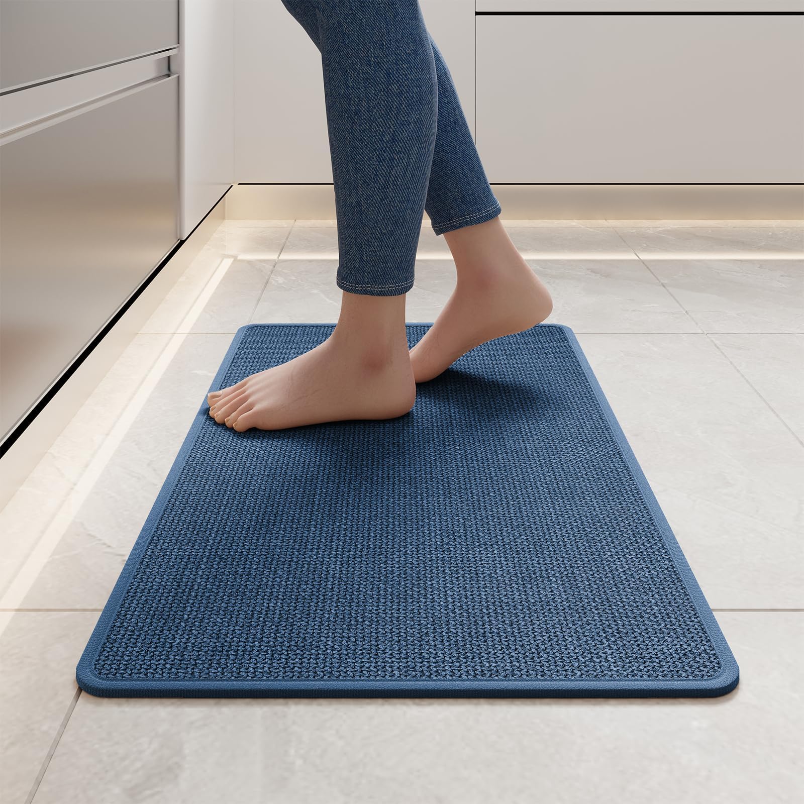 Kitchen Mats for Floor, Super Absorbent Kitchen Rugs Non Slip Washable, Soft Imitation Linen Braided Kitchen Runner Rug, Standing Mat Kitchens Sink Mat, Easy to Clean, Blue 17x30