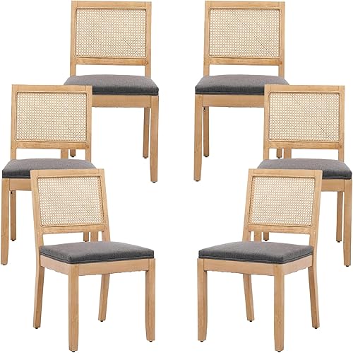 Miniatura 8 de French Country - Juego de 4 sillas de comedor de ratán beige, sillas de comedor de madera con respaldo de caña y asiento tapizado de lino, marco de