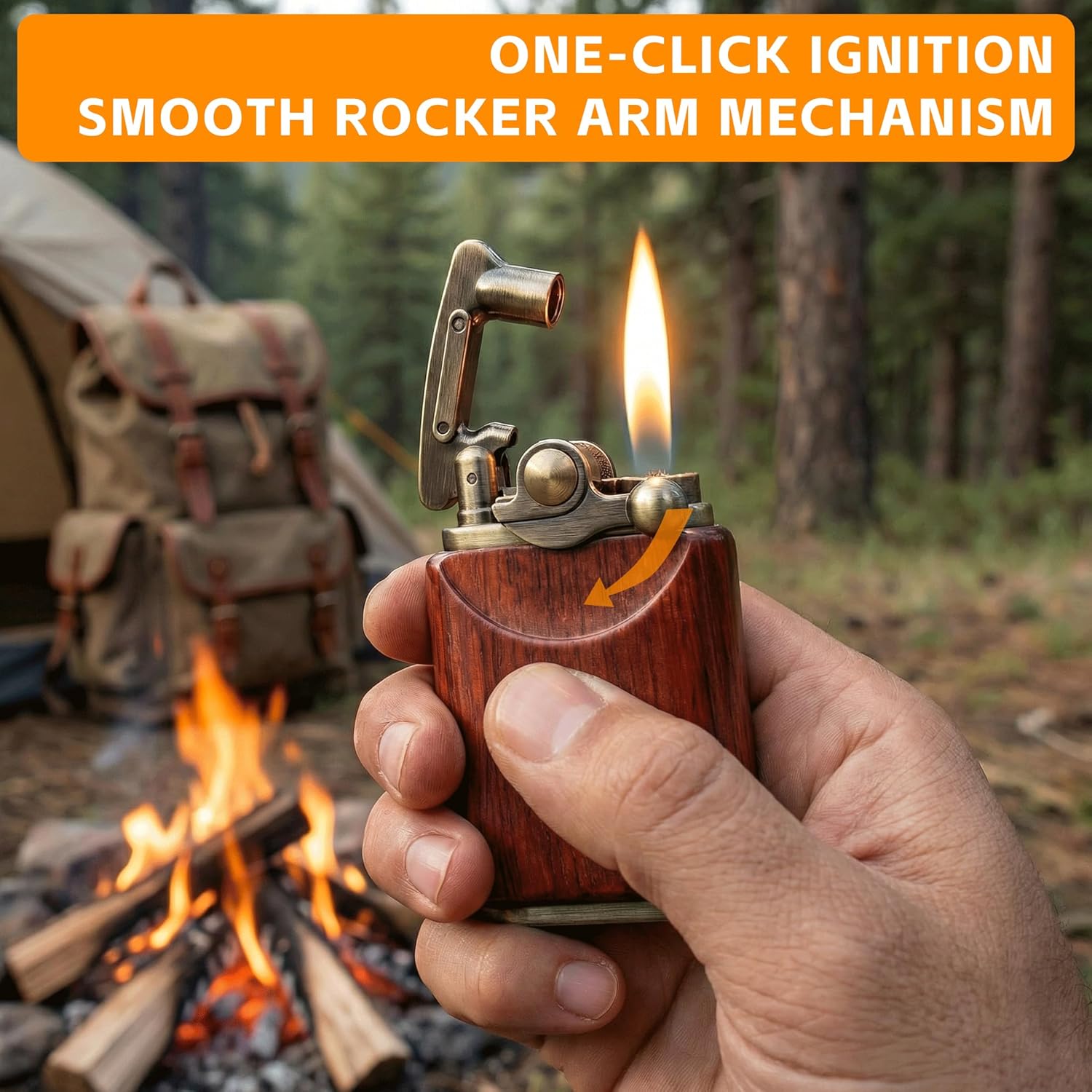 Vintage Rosewood Rocker Arm Kerosene Lighter - Antique Copper-Toned Mechanical Trench Fire Starter, Leak-Proof O-Ring Seal, Wood & Metal Petrol Device, Unique for Men, EDC
