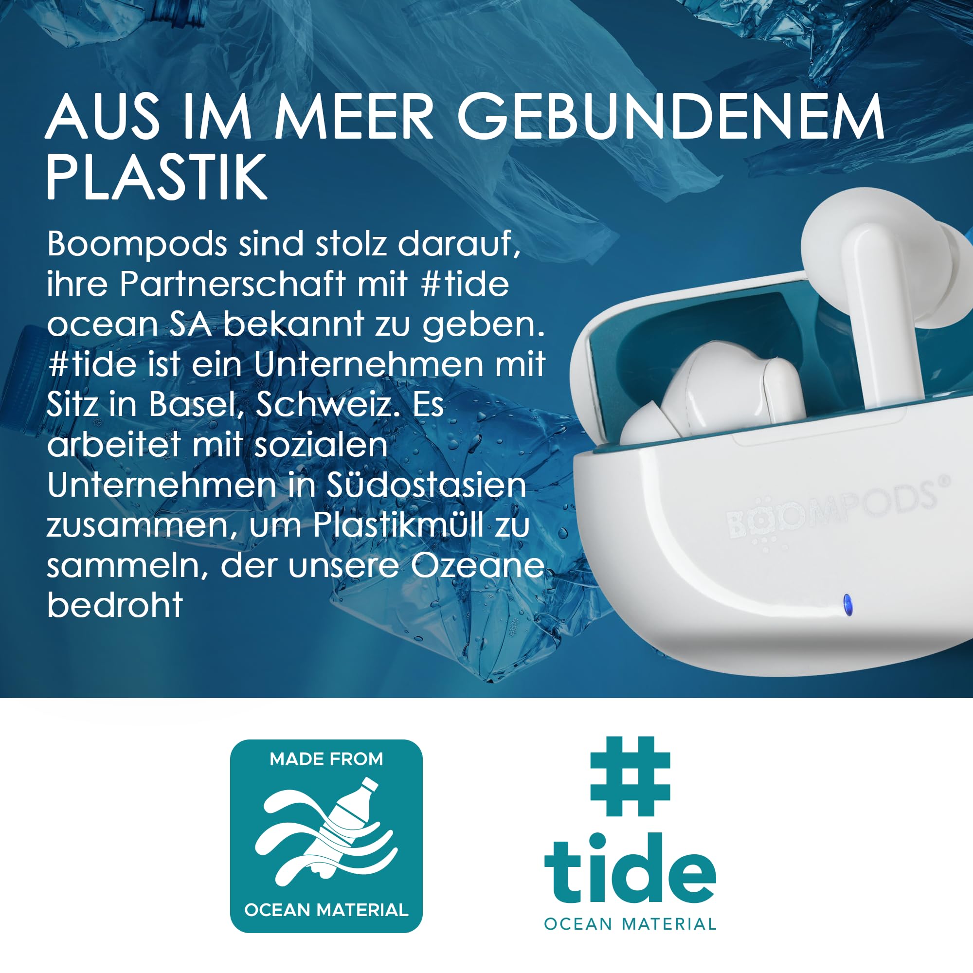 Boompods Skim Bluetooth Kopfhörer Kabellos - True Wireless Ohrhörer mit ENC-Mikrofon, IPX4 Wasserschutz und 20 Std-Akkulaufzeit, TWS In-Ear Kopfhörer aus Ozean-Kunststoff, Blau