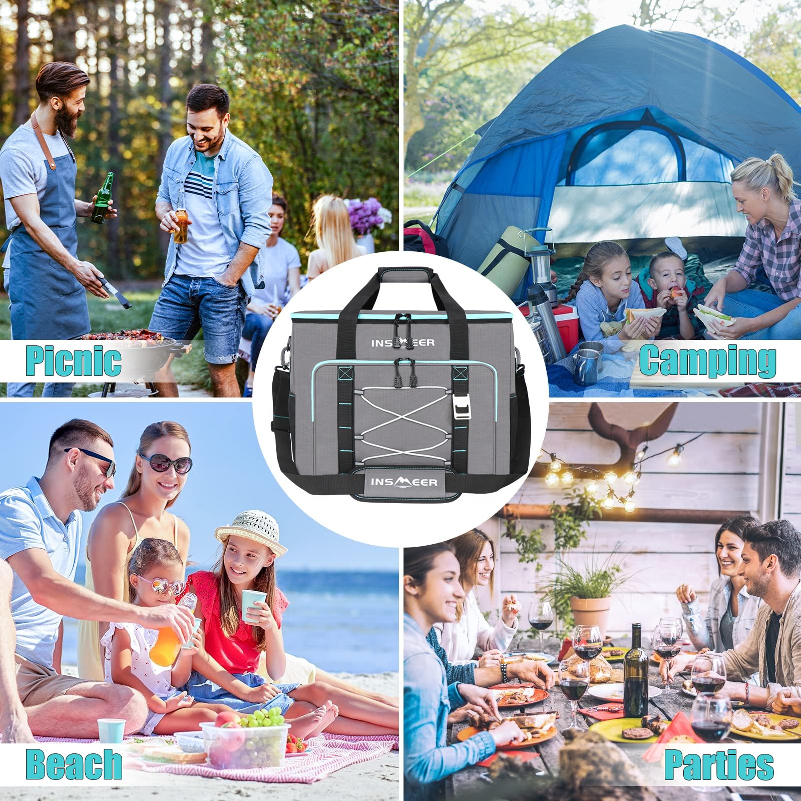 INSMEER Kühltasche Groß 55L, 90 Dosen XXL Kühltasche Faltbar Thermotasche, Isoliertasche mit Schultergurt & Flaschenöffner, Faltbare Kühlbox, Weiche Kühltaschen für Picknick,Camping, Strand, Familie