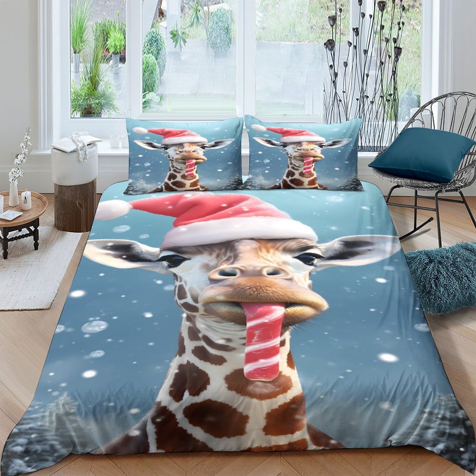 Ctjqhvkz Style-9 3D Printed Christmas Giraffe Fitted Sheet Microfiber Soft Snowy Santa Bed Cover For Bedroom Guest Room Decoration Single（135X200cm）