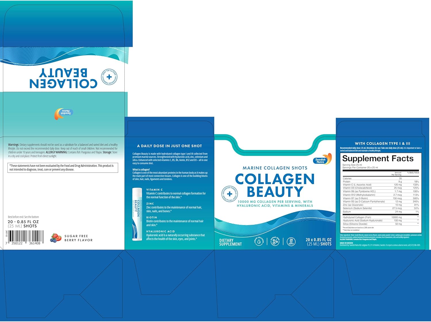 Swedish Nutra - Collagen Beauty | 10,000 mg Hydrolyzed Marine Collagen Liquid Supplement - 20 x 25 ml Daily Shots | Hyaluronic Acid and Vitamin C for Healthy Hair, Skin, Nails and Joints | Sugar-Free - Image 7