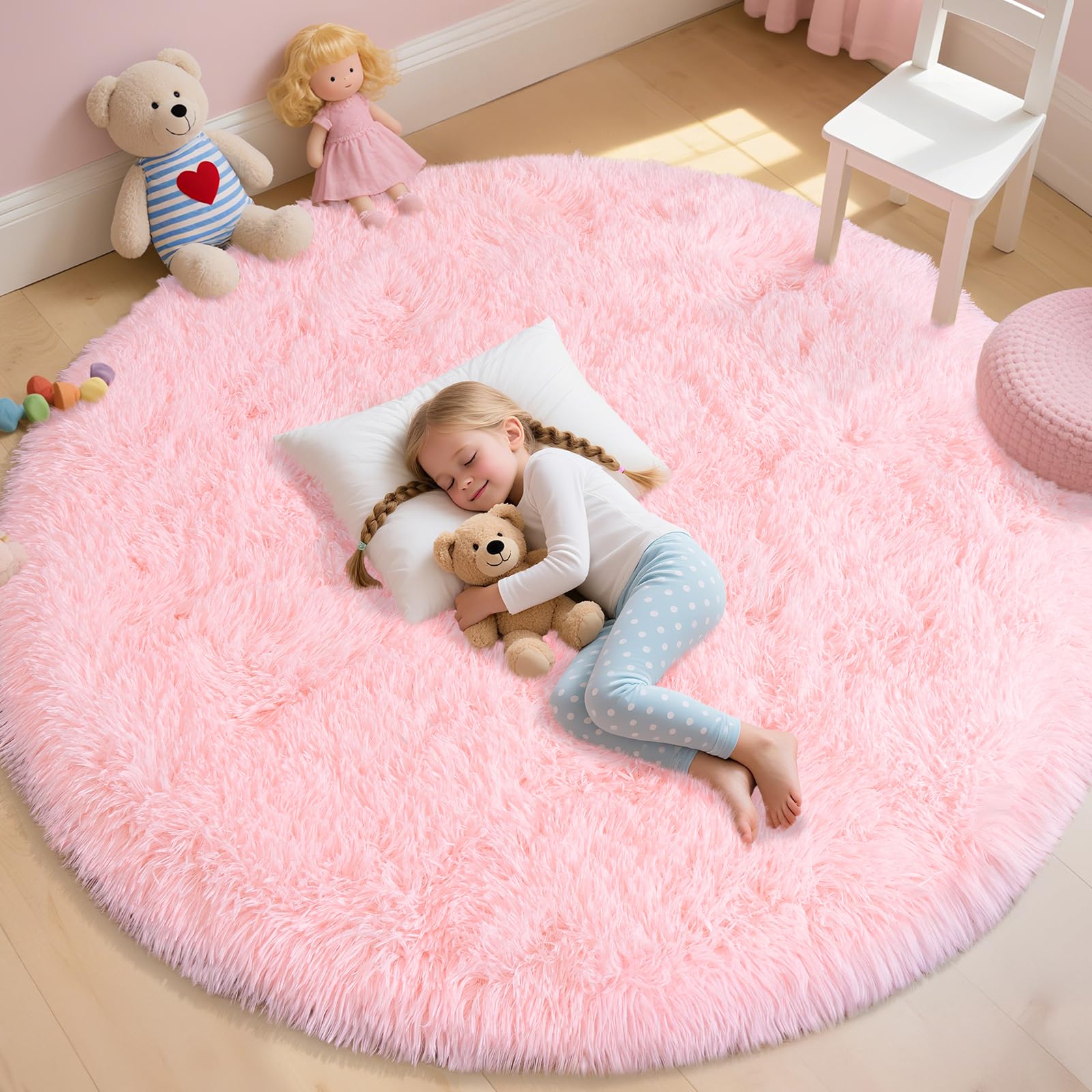 8Ft Fluffy Pink Round Rug for Girls Bedroom Kids Room, Washable Non-Slip — image 1