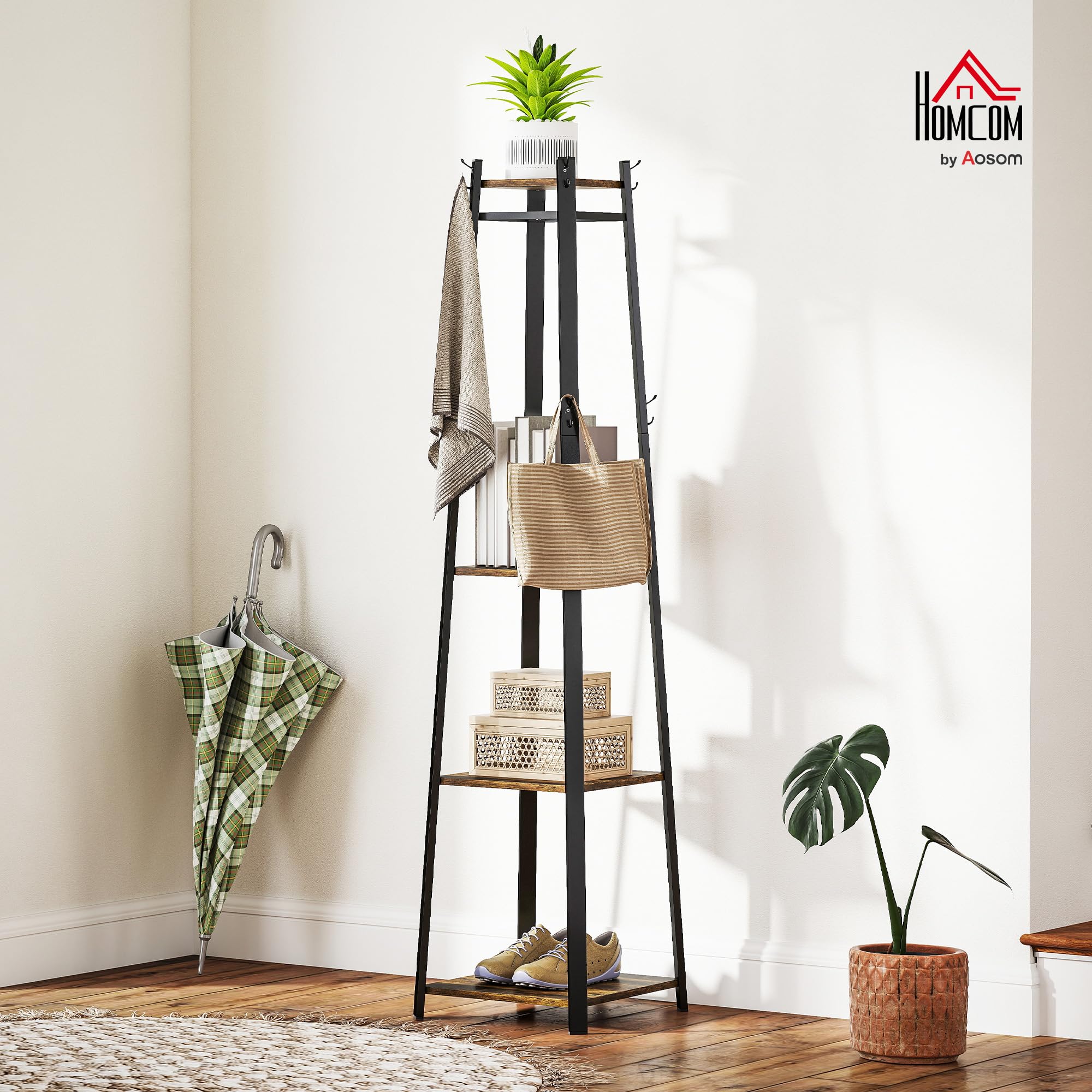 HOMCOM Appendiabiti da Terra con 8 Ganci, 3 Ripiani e Mensola Superiore, Attaccapanni Design a Trapezio per Ingresso, Camera da Letto e Salotto, 42x42x170 cm, Marrone Rustico