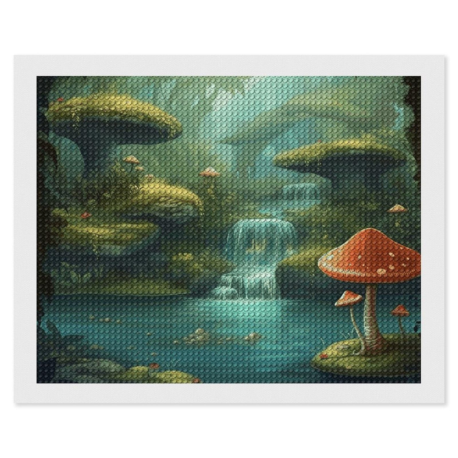 Diamond Painting Kits for Adults - DIY Diamond Art Kits for Beginners - Full 5D Paint Drill Diamond Dots Paintings- View of Fantasy River Mushroom Diamonds Pictures Gem Art And Craft Wall Decor 16"x20