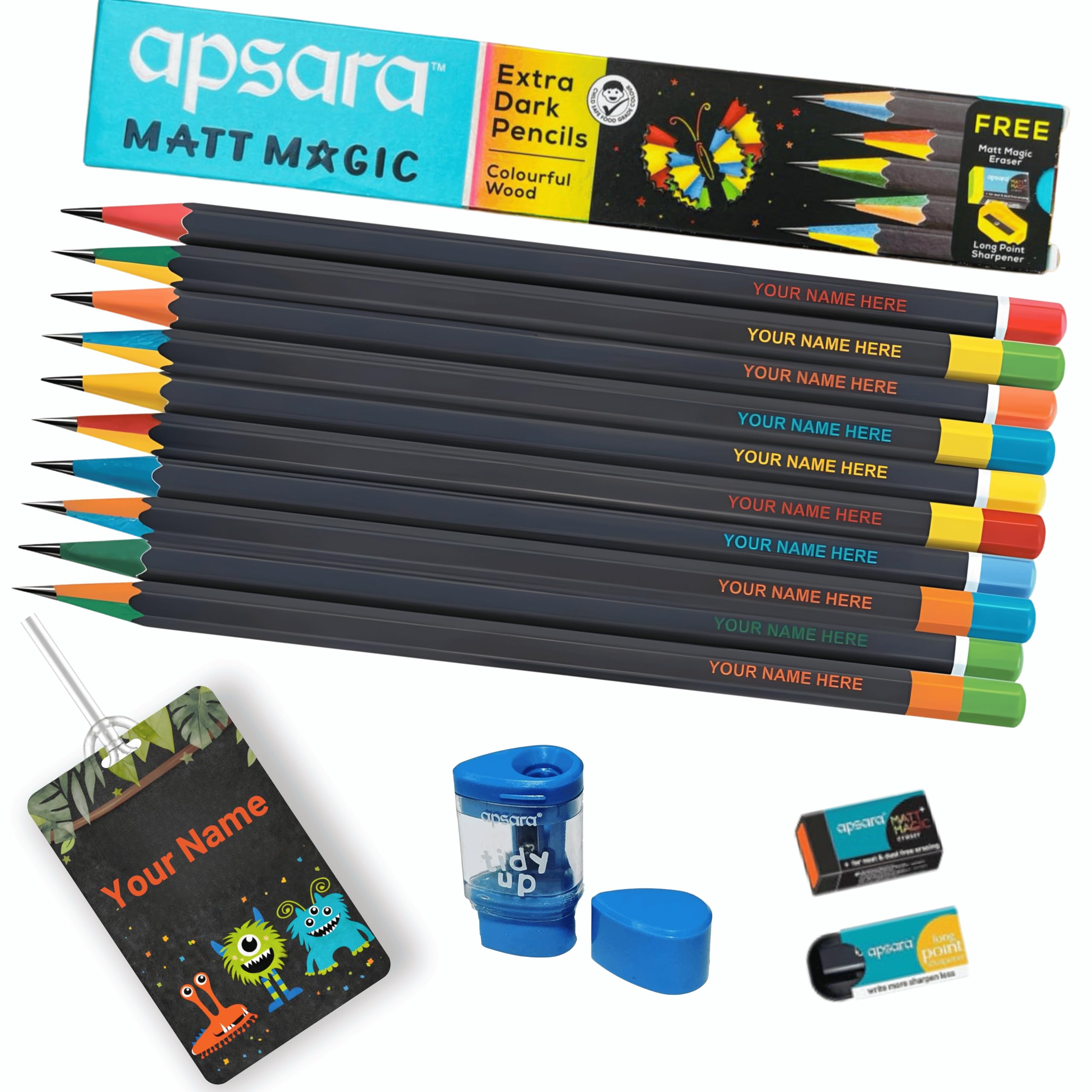 Personalized Pencil | Customized Pencil with Name for Kids Set (20 Pcs) – Name Engraved Pencil Set, Includes Bag Tag, Sharpener & Eraser, Ideal for Kids Birthday & Return Gifts (2 Boxes), Multicolor-image-15