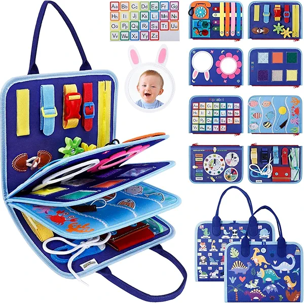 JHkim Busy Board Montessori Toys for 1 2 3 4 Year Old Boys Girls Gifts, Sensory Toy for Toddlers 1-3, Educational Activities Travel Toy for Airplane Car, Busy Book for Learning Fine Motor Skills,Blue