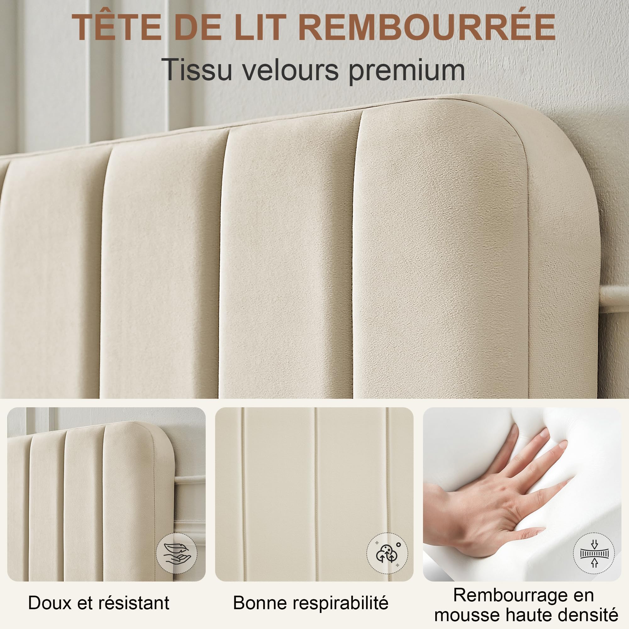 VECELO Lit Double Rembourré 140x190 cm, Support à Lattes en Bois Solide, Tissu Velours, Facile à Assembler, Beige