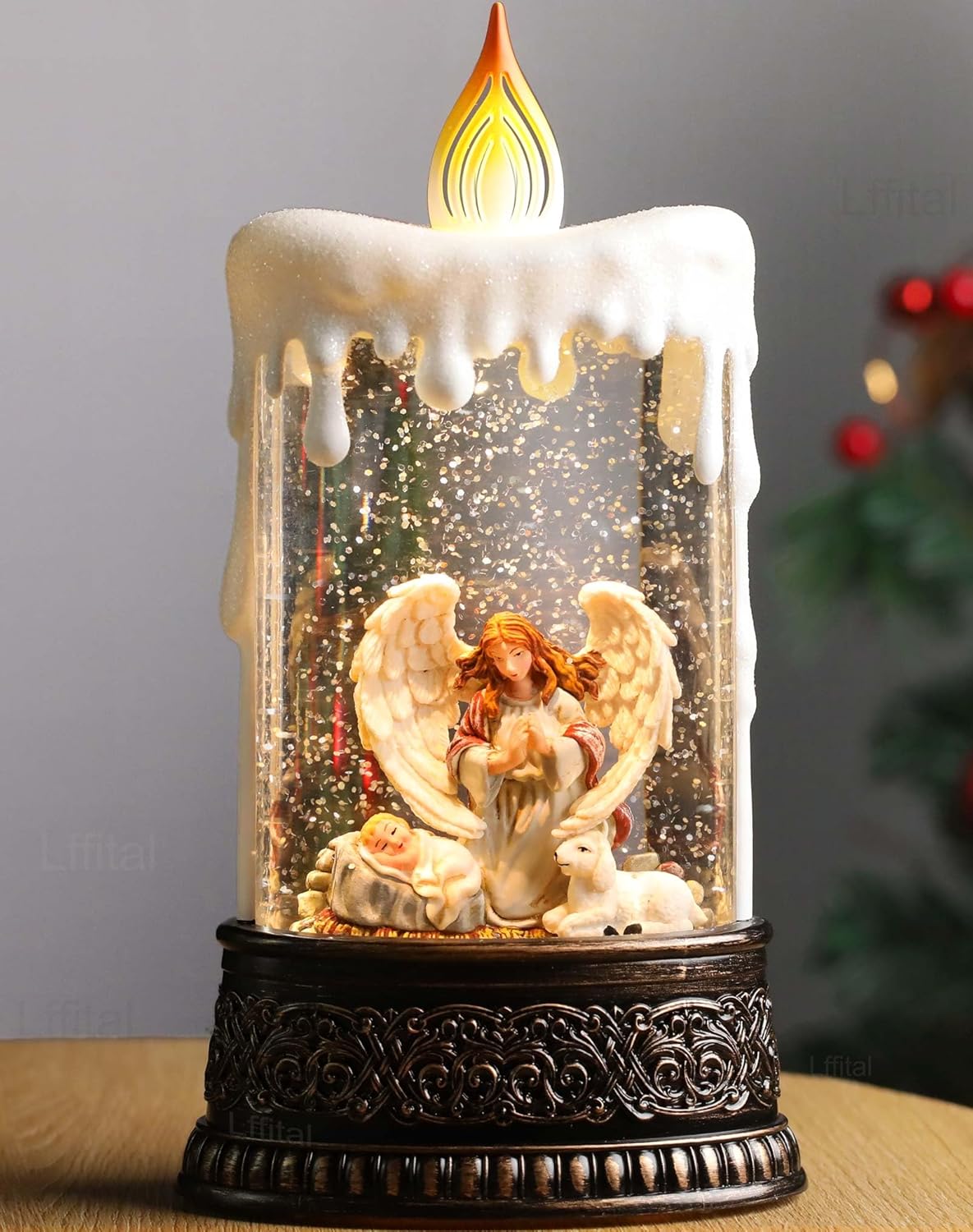 Angel Christmas Snow Globe Lantern, Nativity Lighted Christmas Decorations for Home Candle Shaped Snow Lantern with Music Timer Glittering, Home Decor Festival Gife, USB & Battery Operated