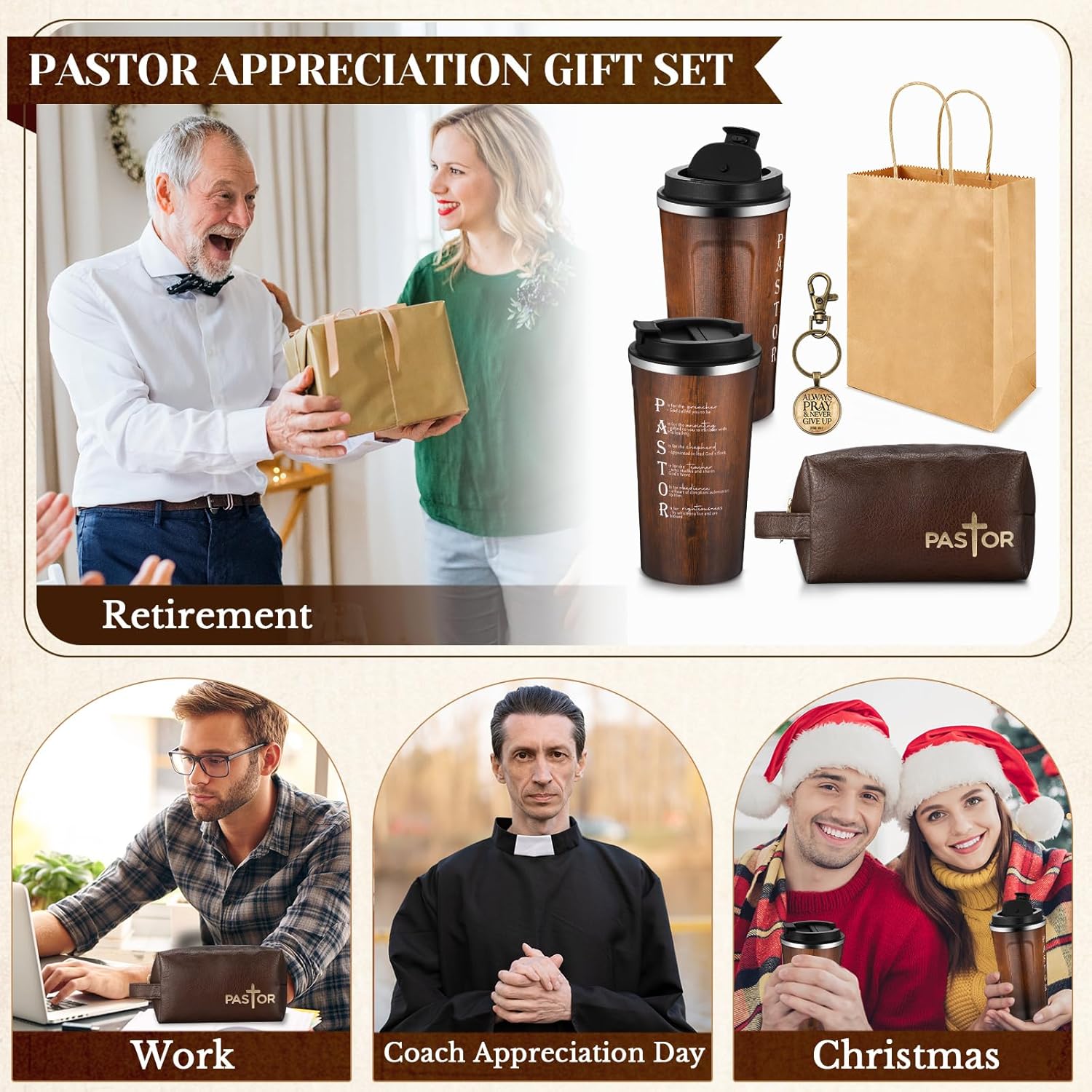 Roshtia 3 Pcs Christian Gifts for Men 20 oz Stainless Steel Tumbler with Lid and Straw Leather Toiletry Bag Inspirational Keychain Religious Gifts for Dad Husband Coworker - Image 4