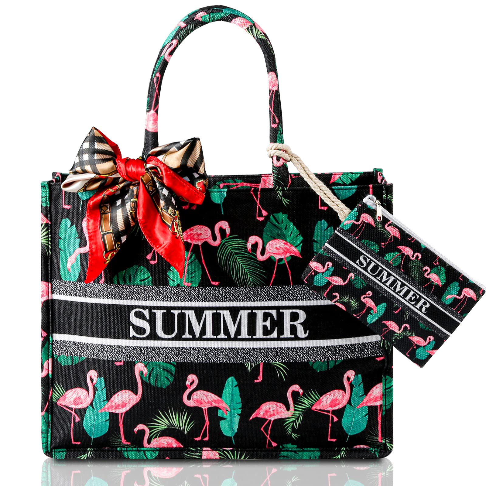 TeklemonBolso de Playa, Bolsa de Viaje Lona Grande Mujer, Bolso Tela de Mano Familiar con Bolsillos, Gran Bolso Tote con Cremallera, Bolso de Playa de Verano para Playa, Fiesta, Compras, Viajes