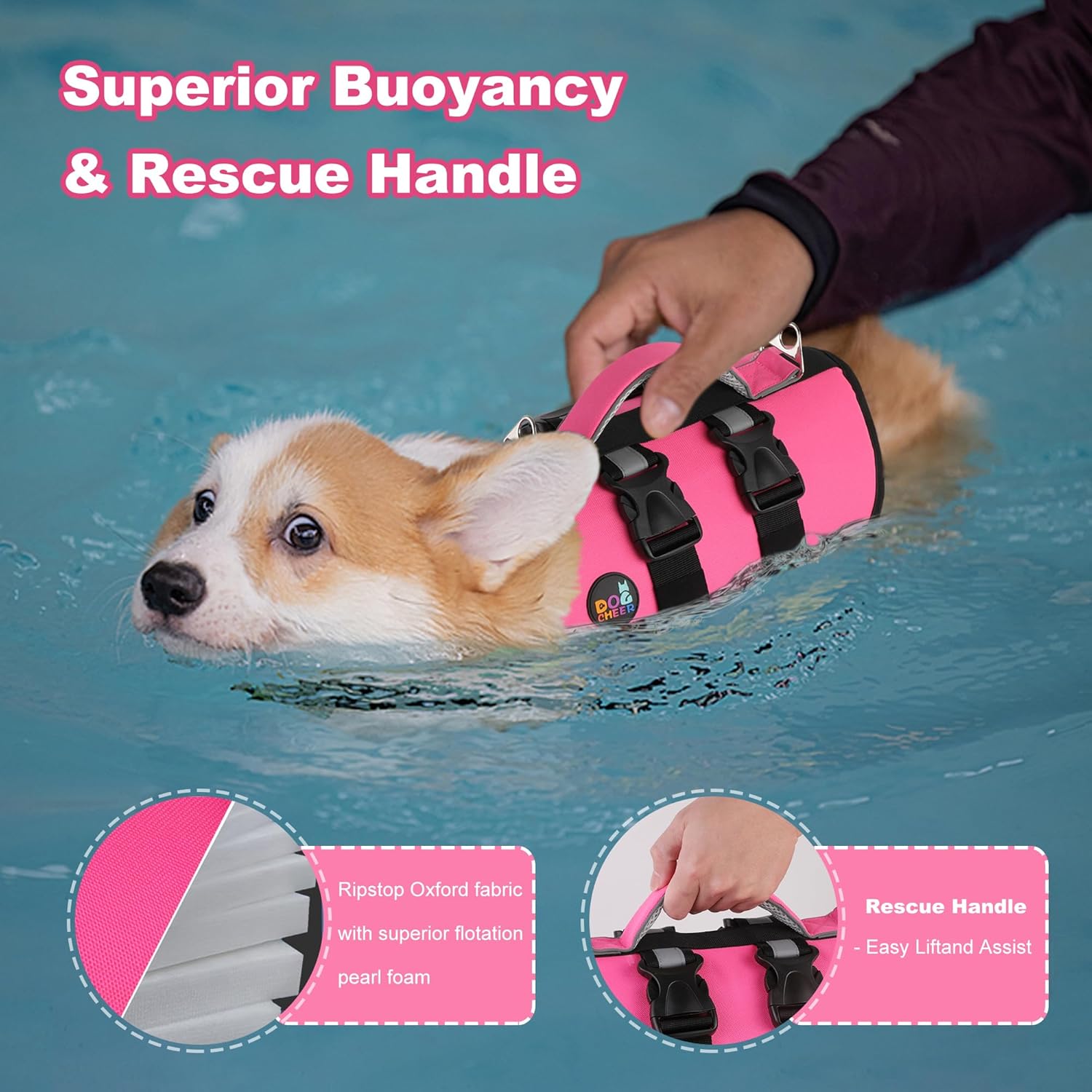 Dogcheer Dog Harness Life Jacket, High Buoyancy Neoprene Dog Life Vest for Swimming Boating, Adjustable Puppy Swim Vest Reflective Pet Float Vest for Small Medium Large Dogs - Pink, L