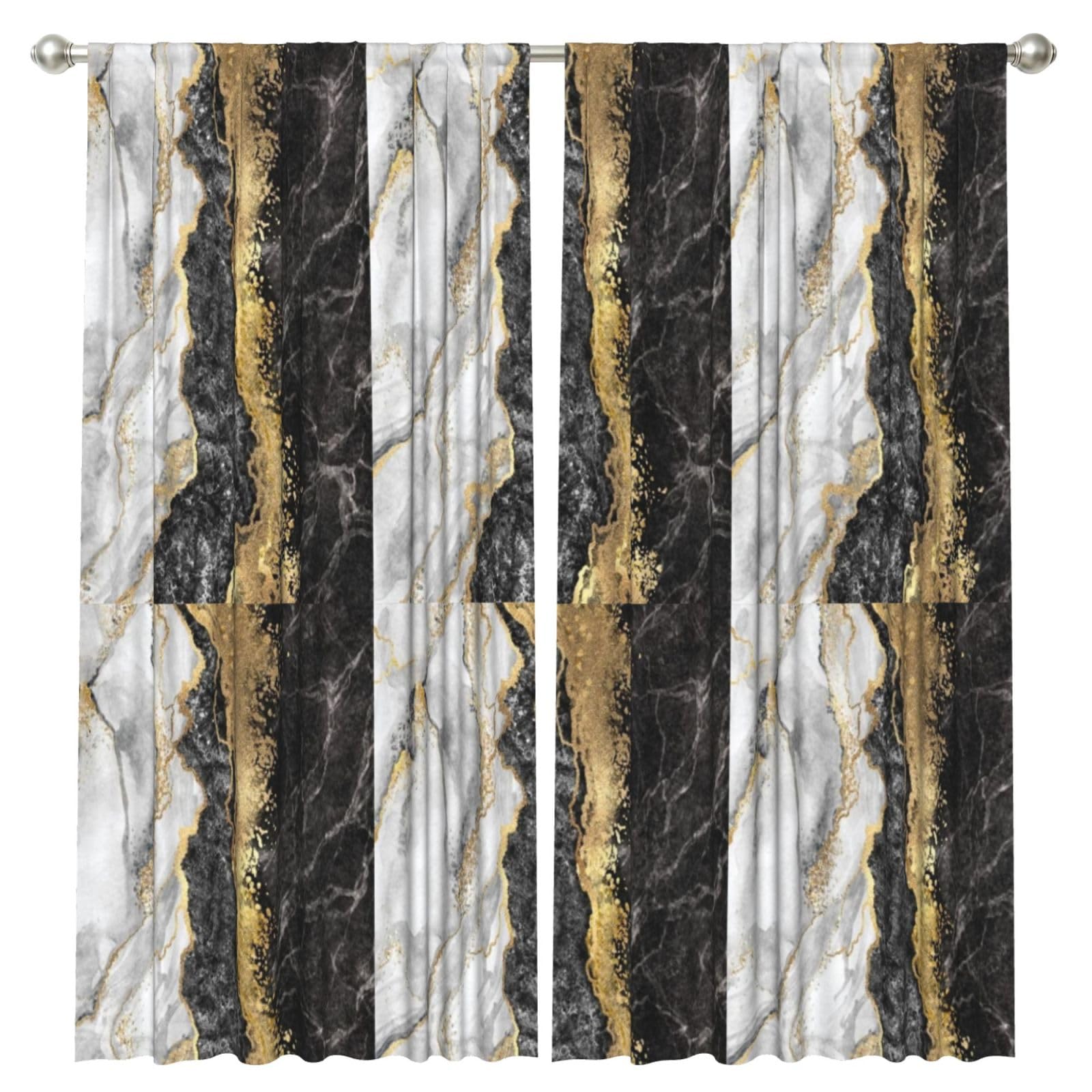 InOmak Black White Gold Foil Marble, 2 Panels Window Curtains 52 x 84 Inch Blackout Curtains for Living Room Bedroom