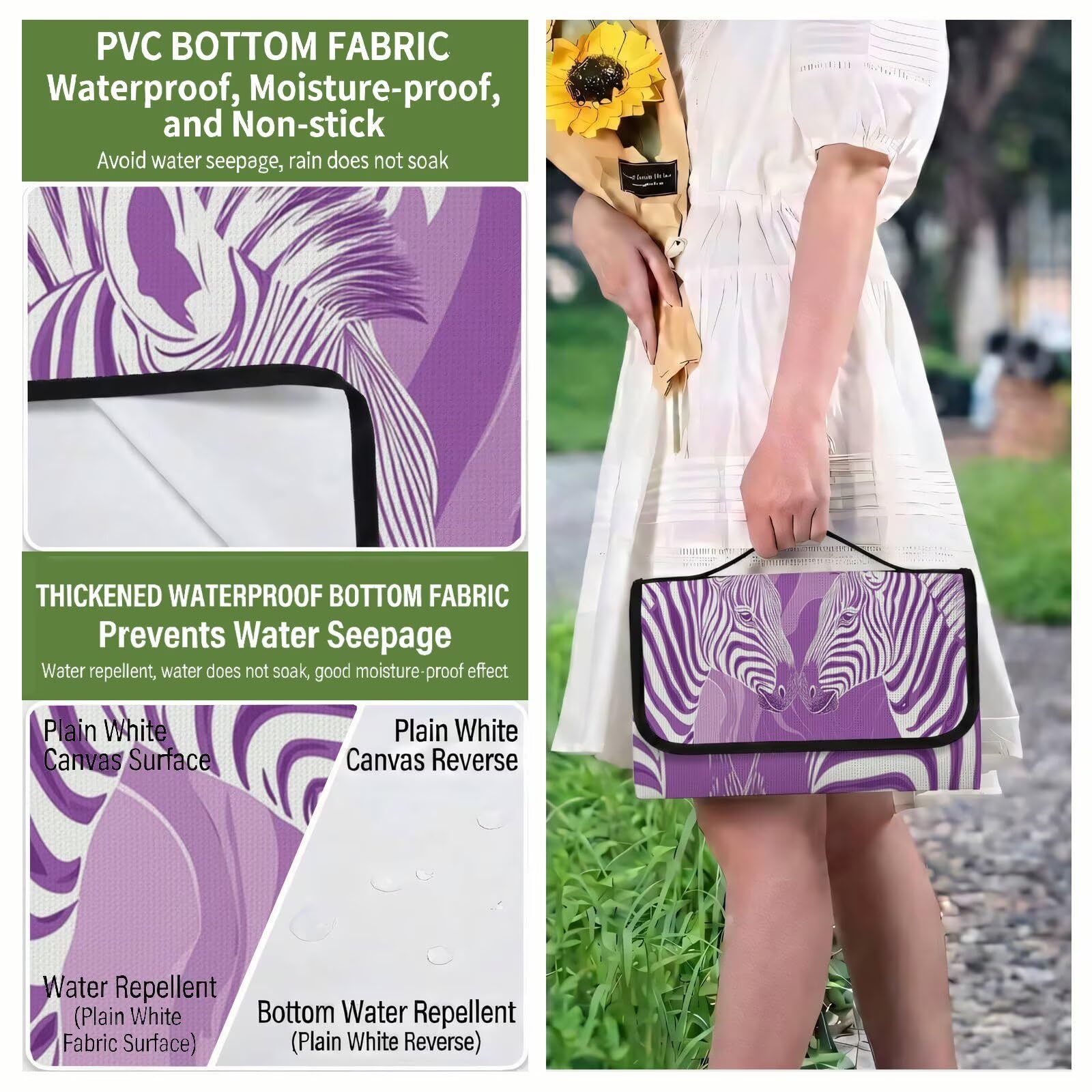 Couverture de Pique-Nique Grande 200x300cm,Outdoor Couverture Imperméable,Pliable Tapis de Plage Dos en PVC Anti-Sable,Picnic Blanket pour Camping Accessoires,Jardin,Parc,Famille - Violet,zèbre UZ-608