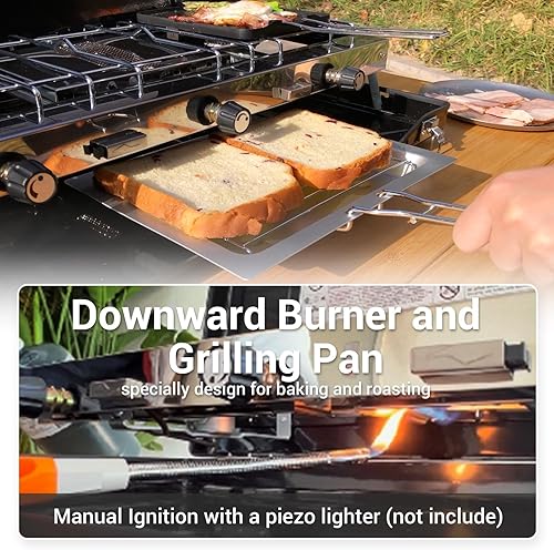 Miniatura 10 de Estufa de camping de 3 quemadores 20400 BTU estufa portátil de propano con regulador, bandeja de tostadas, parabrisas para automóvil, camping,