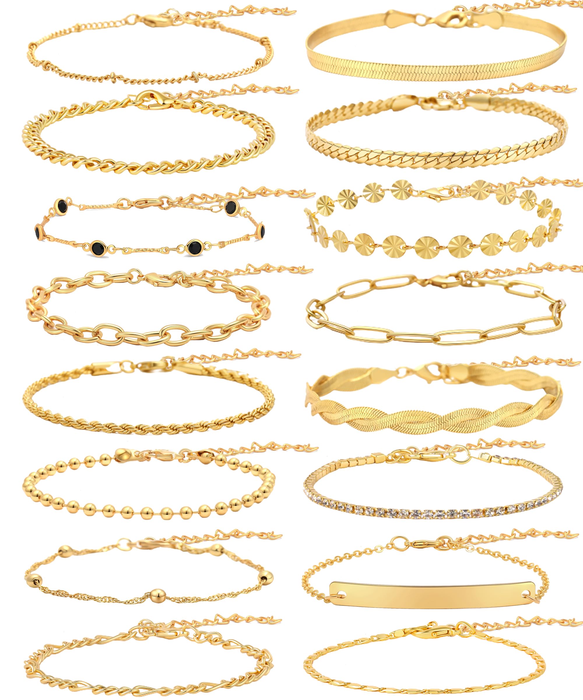 CASDAN 16Pcs Bracelet Sets for Women Adjustable Stackable Cuban Link Paperclip Chain Bracelet Dainty Layered Bracelets