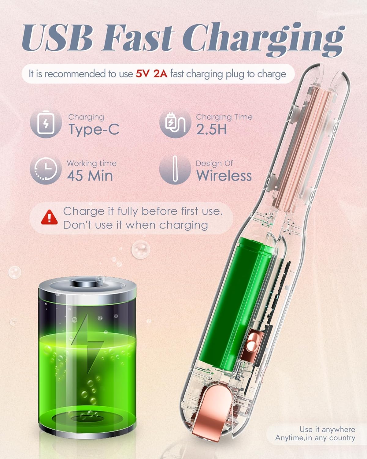 Diagram showing USB-C charging, battery life, and wireless design of the NOVUS hair straightener