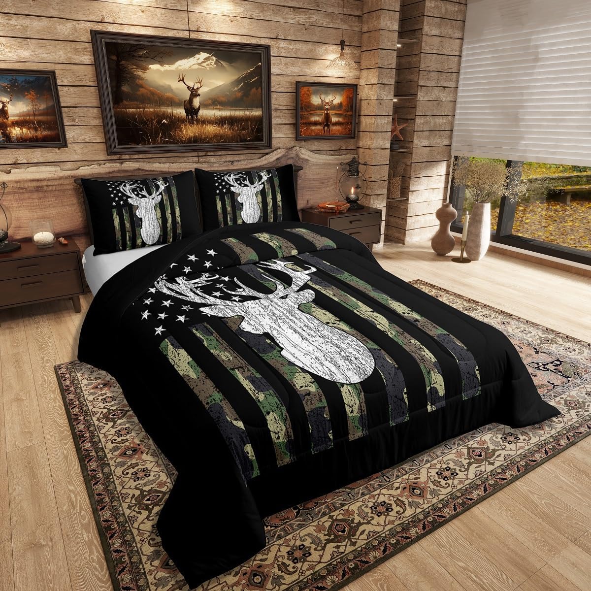 Deer Camo Comforter Set Queen Antlers Hunting Camo Bedding Sets For Teen Boys Men Camouflage American Flag Bed Comforter Set ,Western Farmhouse Wild Animal Bedding Quilt Black White Home Decor 3 Pcs - Image 2