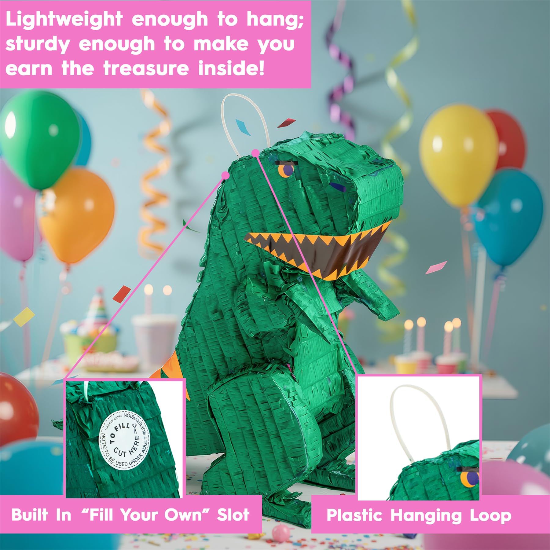 3pc Ensemble Pinata Dinosaure avec Bâton et Bandeau - Bâton Bleu - Mexicain Enfants Filles Garçons Fête d'Anniversaire Parties Jeus Décorations Trousse - Par Fax Potato
