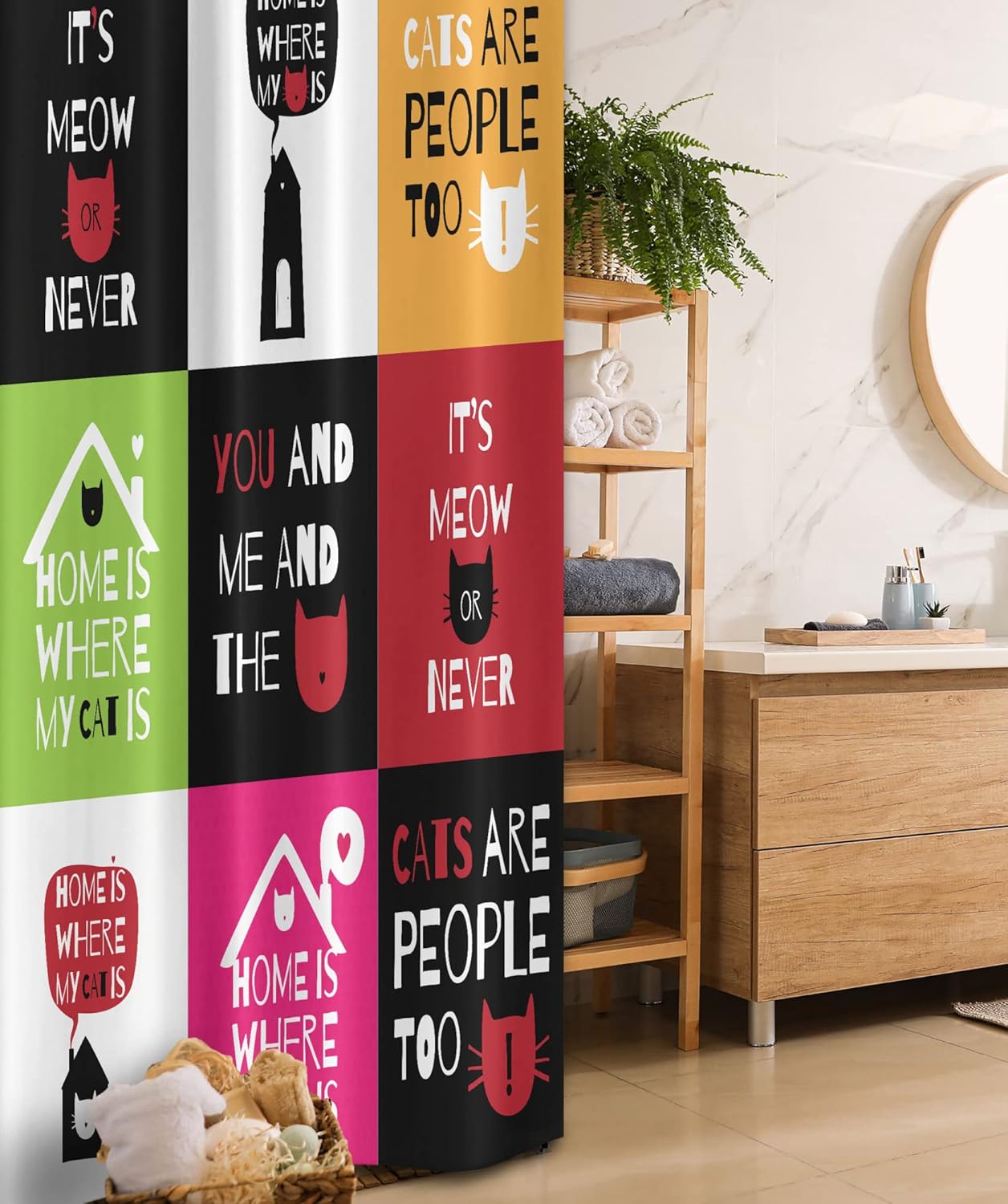 Ambesonne Cat Stall Shower Curtain, Home is Where My Cat is Words About Home Love and Cats Inspirational Phrases Greeting, Fabric Bathroom Decor Set with Hooks, 36" W x 72" L, Multicolor