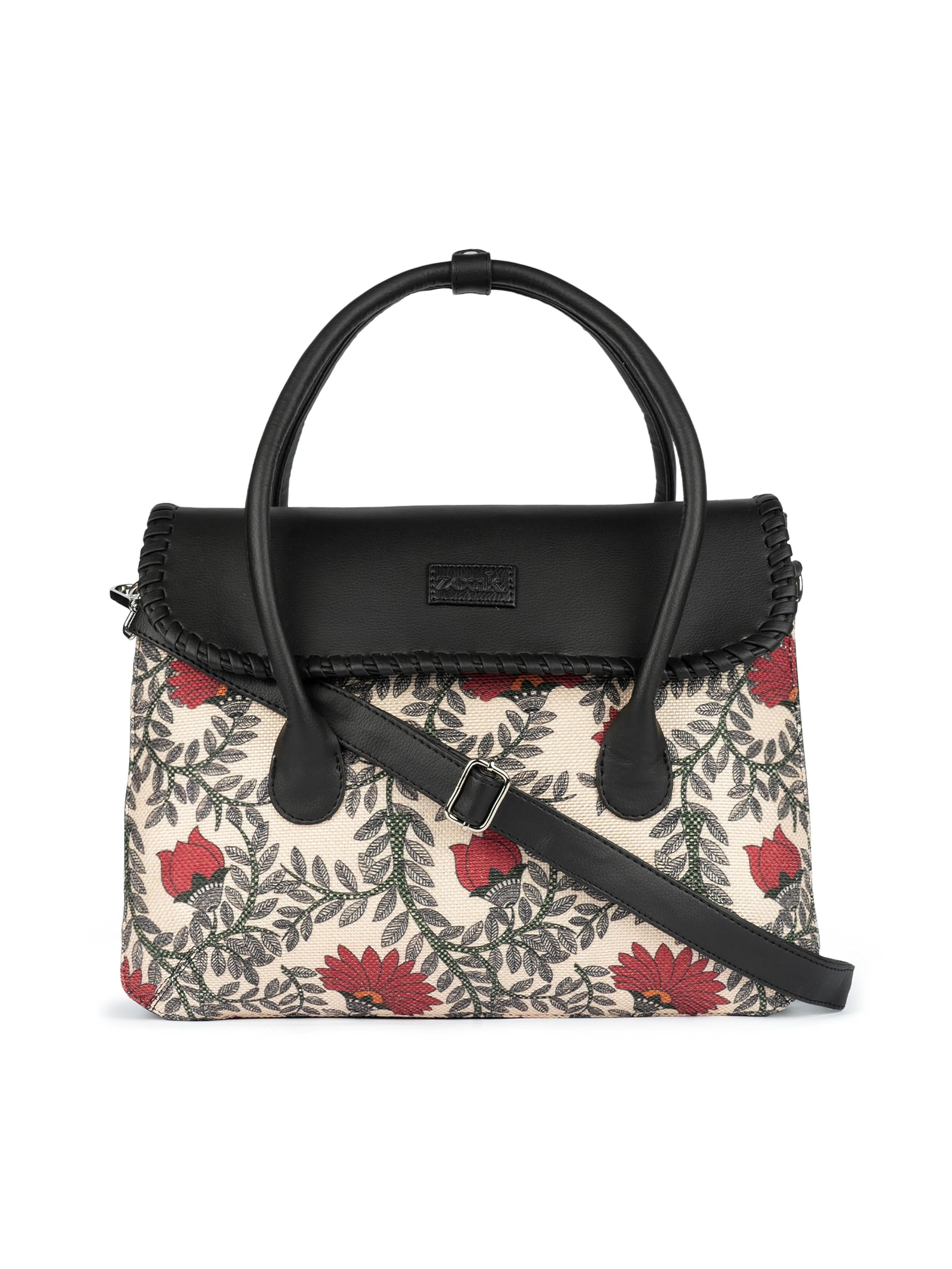ZOUKPrinted Jute Handcrafted Vegan Leather Multicolor Women's Satchel Bag | Ladies Purse Handbag | Double Handle Detachable Strap